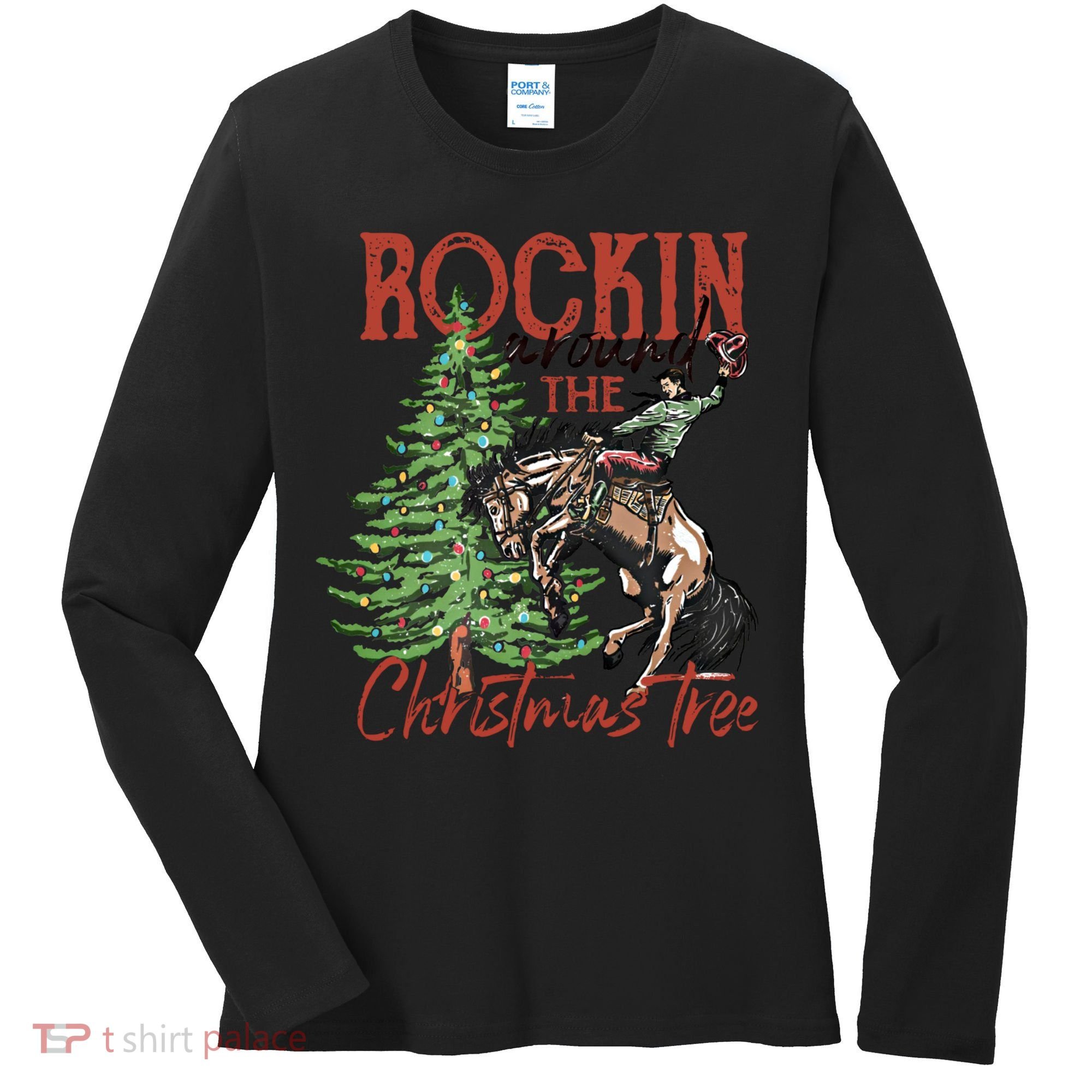 Rocking Around The Christmas Tree Retro Cowboy Christmas Women's Long Sleeve Shirt