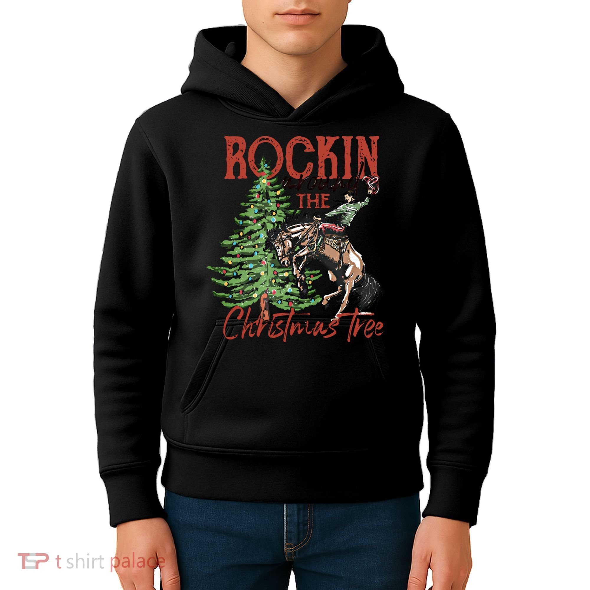 Rocking Around The Christmas Tree Retro Cowboy Christmas Kids Hoodie