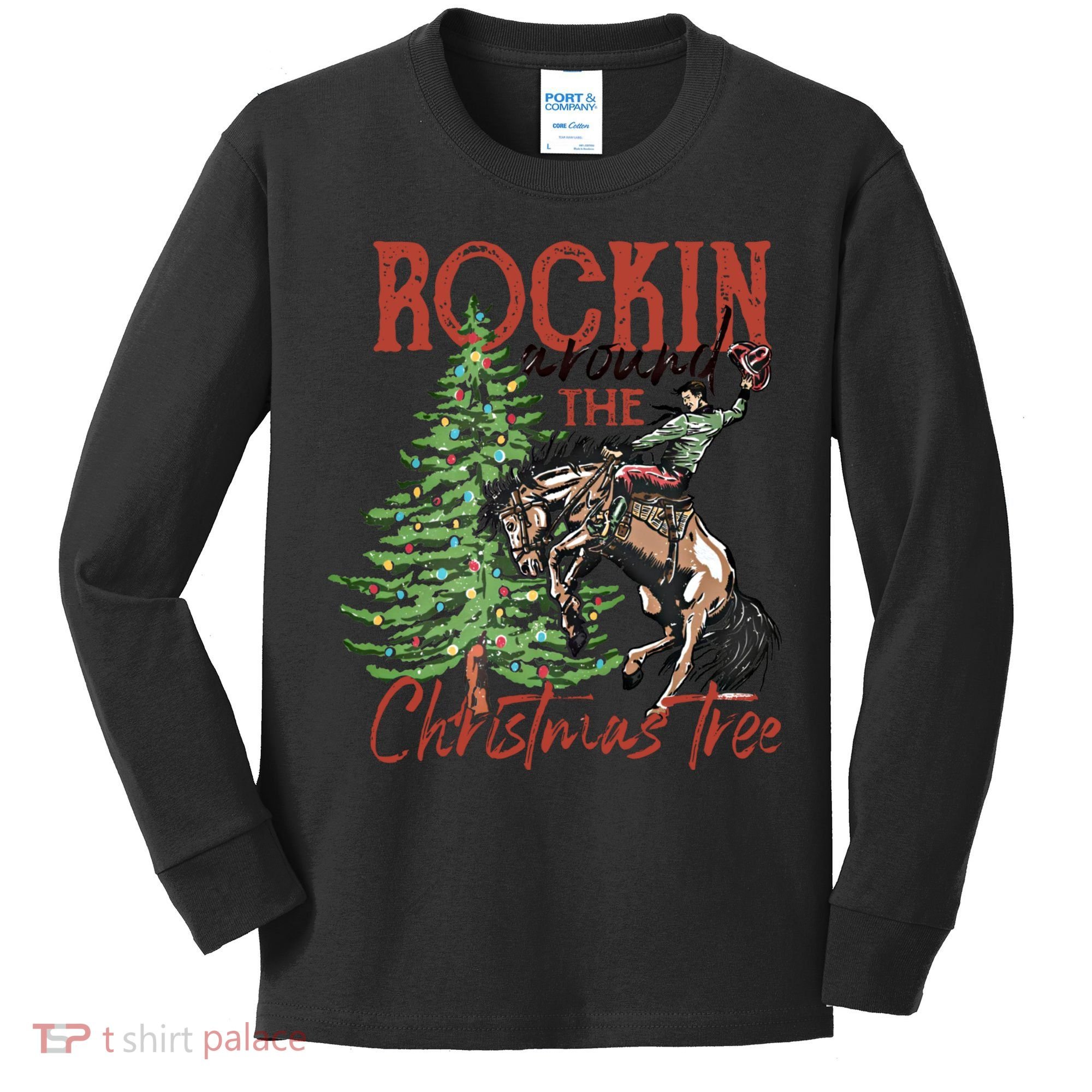 Rocking Around The Christmas Tree Retro Cowboy Christmas Kids Long Sleeve Shirt