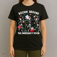 Rockin Around The Emergency Room Skeleton Er Nurse Xmas T-Shirt thumb 4