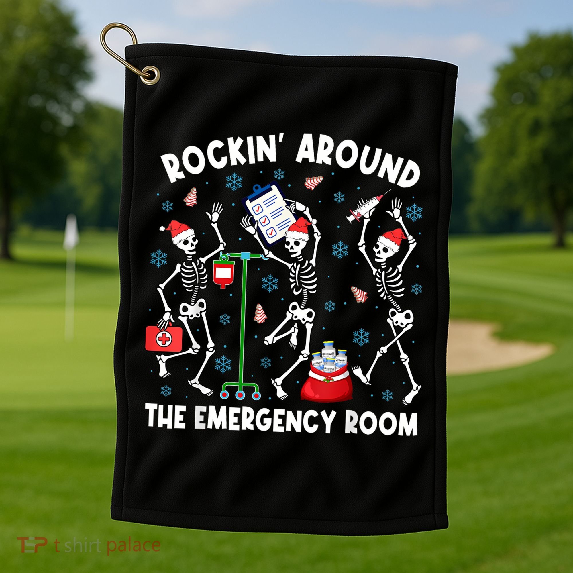Rockin Around The Emergency Room Skeleton Er Nurse Xmas Golf Towel