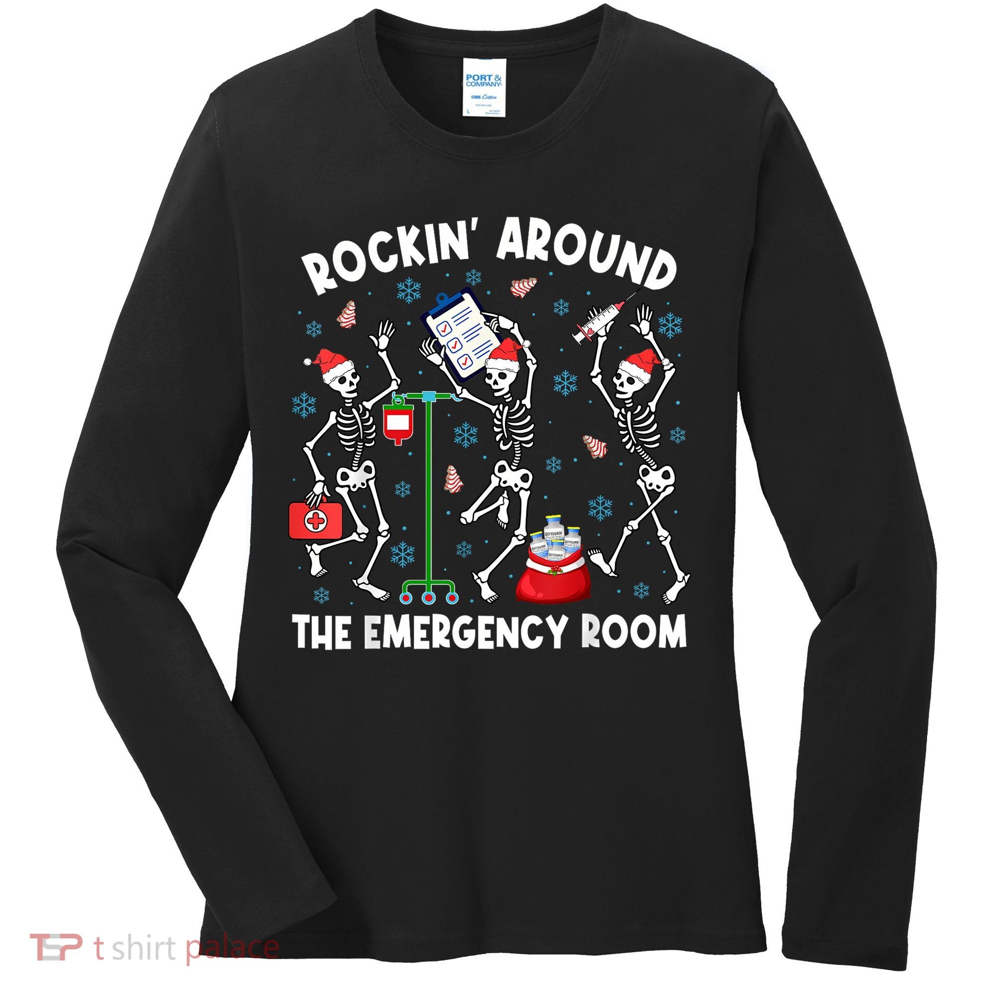 Rockin Around The Emergency Room Skeleton Er Nurse Xmas Women's Long Sleeve Shirt