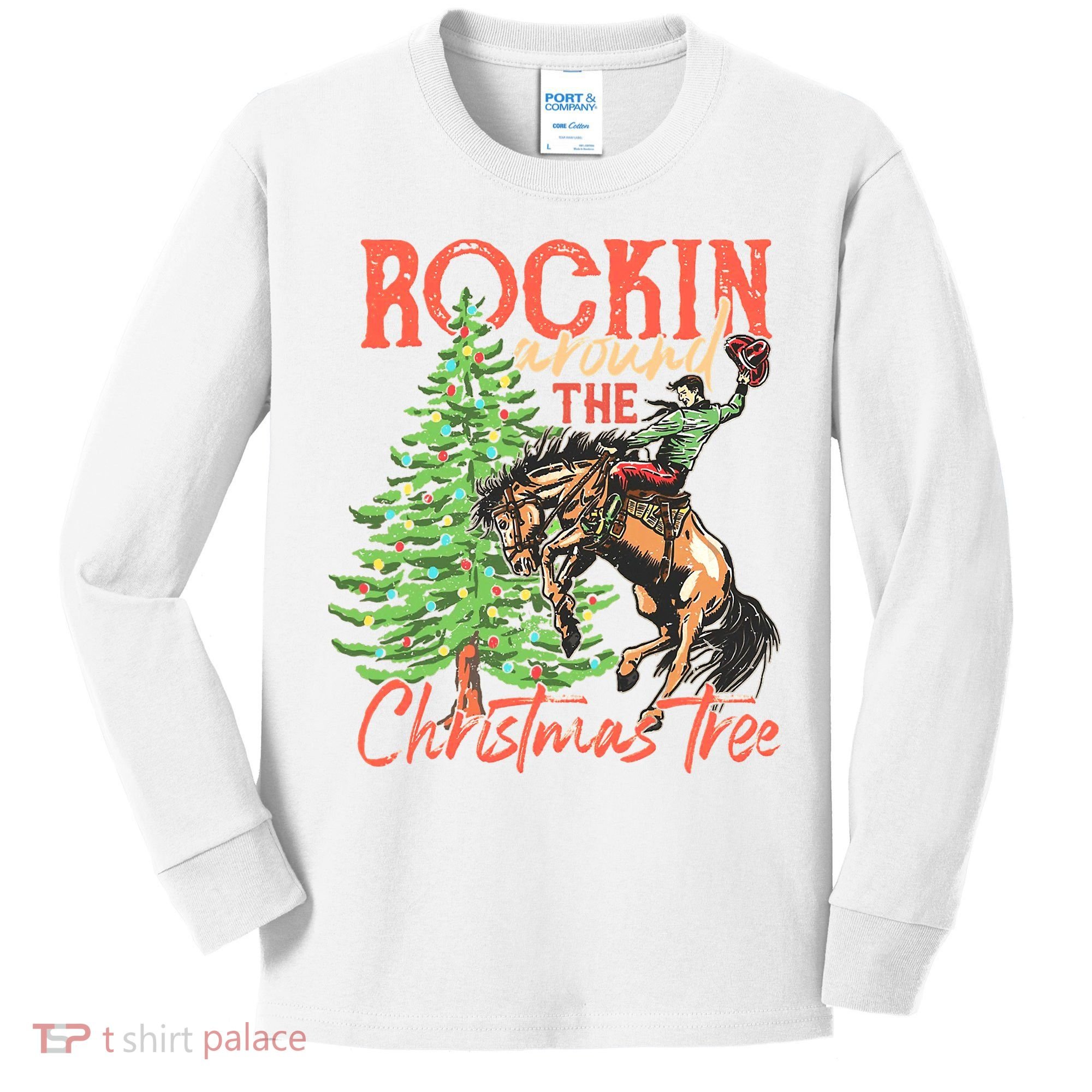 Rocking Around The Christmas Tree Christmas Cow Horse Kids Long Sleeve Shirt