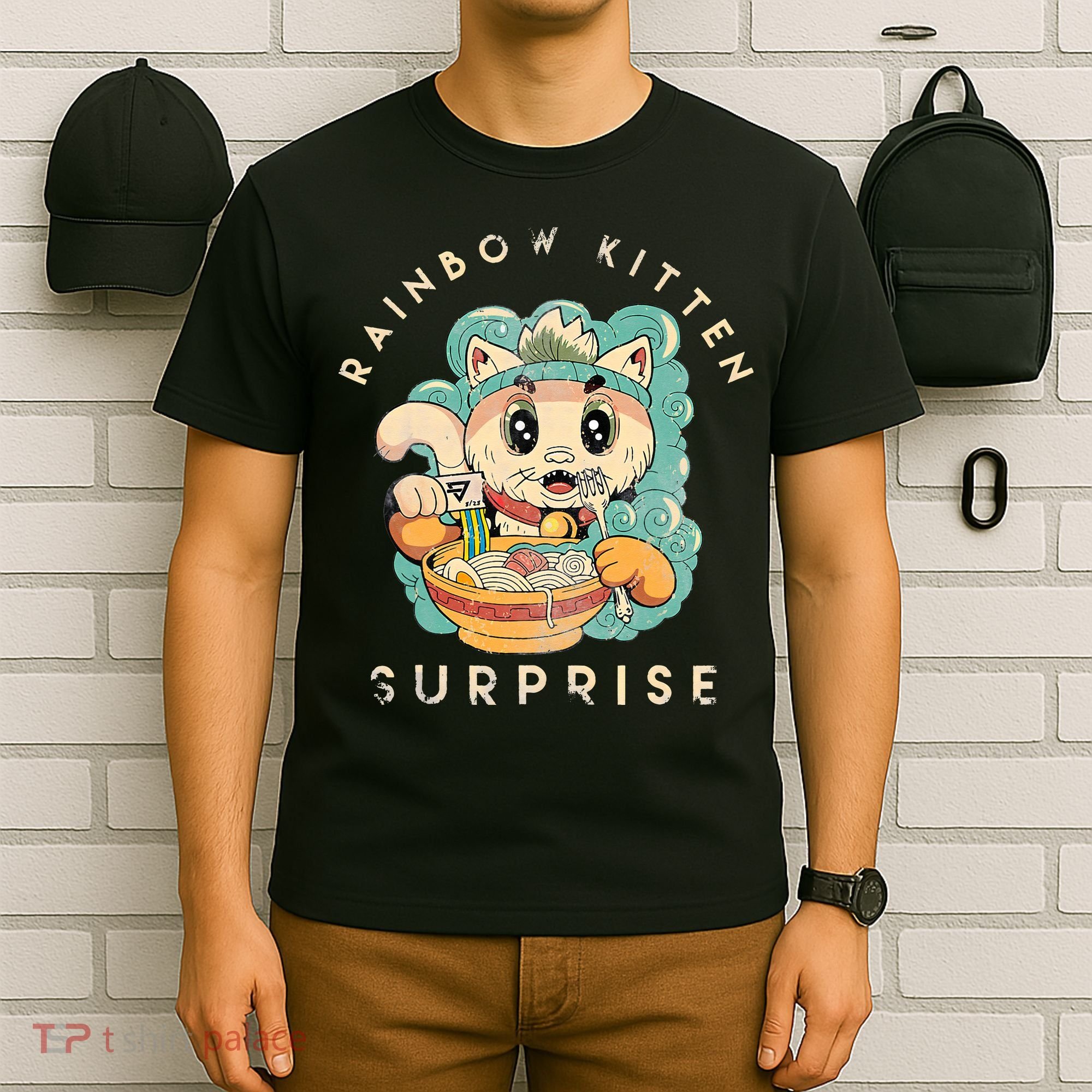 Retro Animals Vintage Cats Rainbow Kitten Surprise Cute Eat T-Shirt