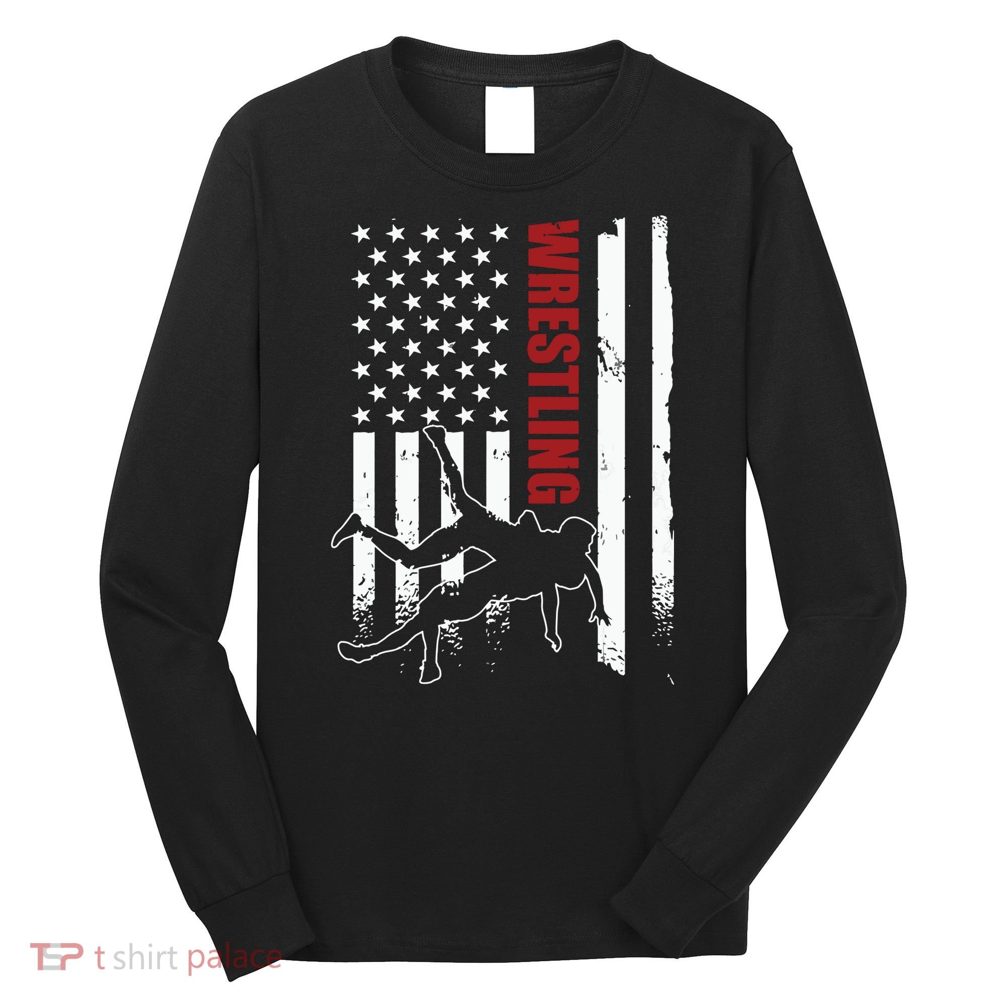 Retro American Wrestling Apparel US Flag Wrestling Long Sleeve Shirt