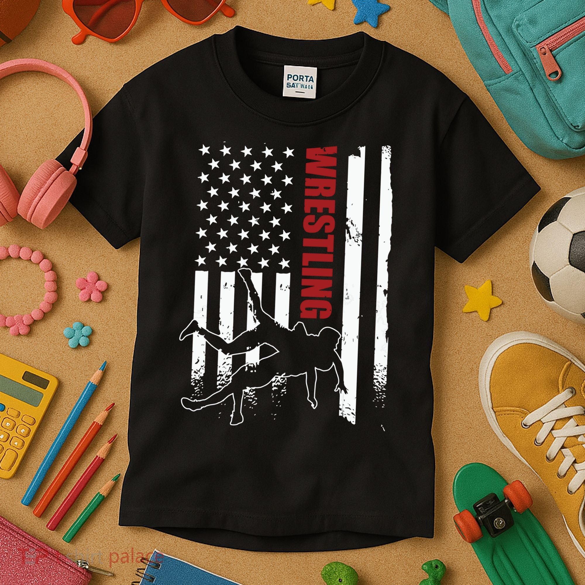 Retro American Wrestling Apparel US Flag Wrestling Kids T-Shirt