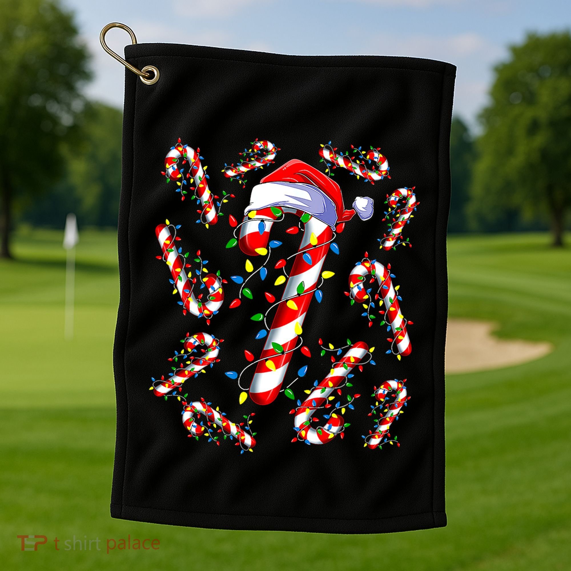 Red And White Candy Cane Santa Christmas Funny Xmas Lights Funny Gift Golf Towel
