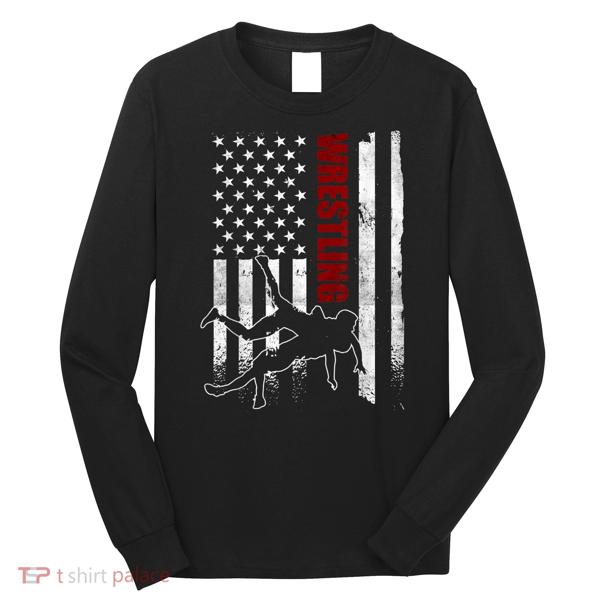 Retro American Wrestling Apparel US Flag Wrestling Long Sleeve Shirt