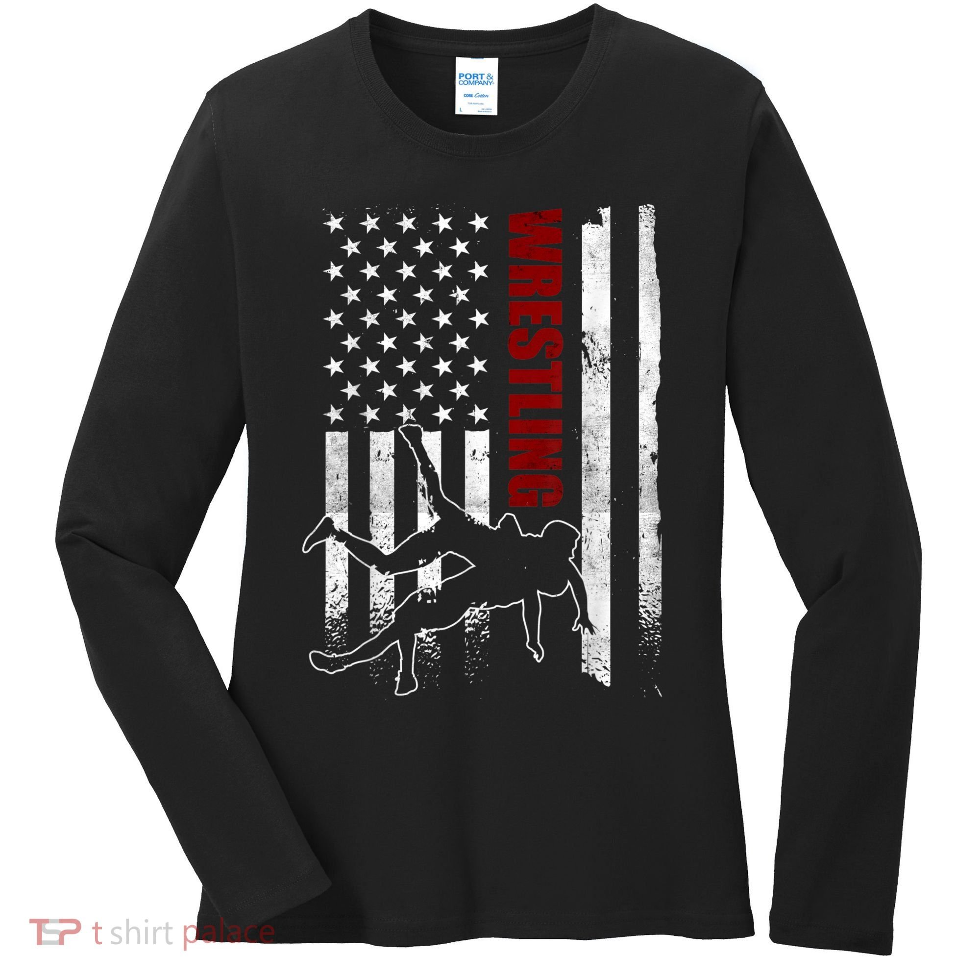 Retro American Wrestling Apparel US Flag Wrestling Women's Long Sleeve Shirt