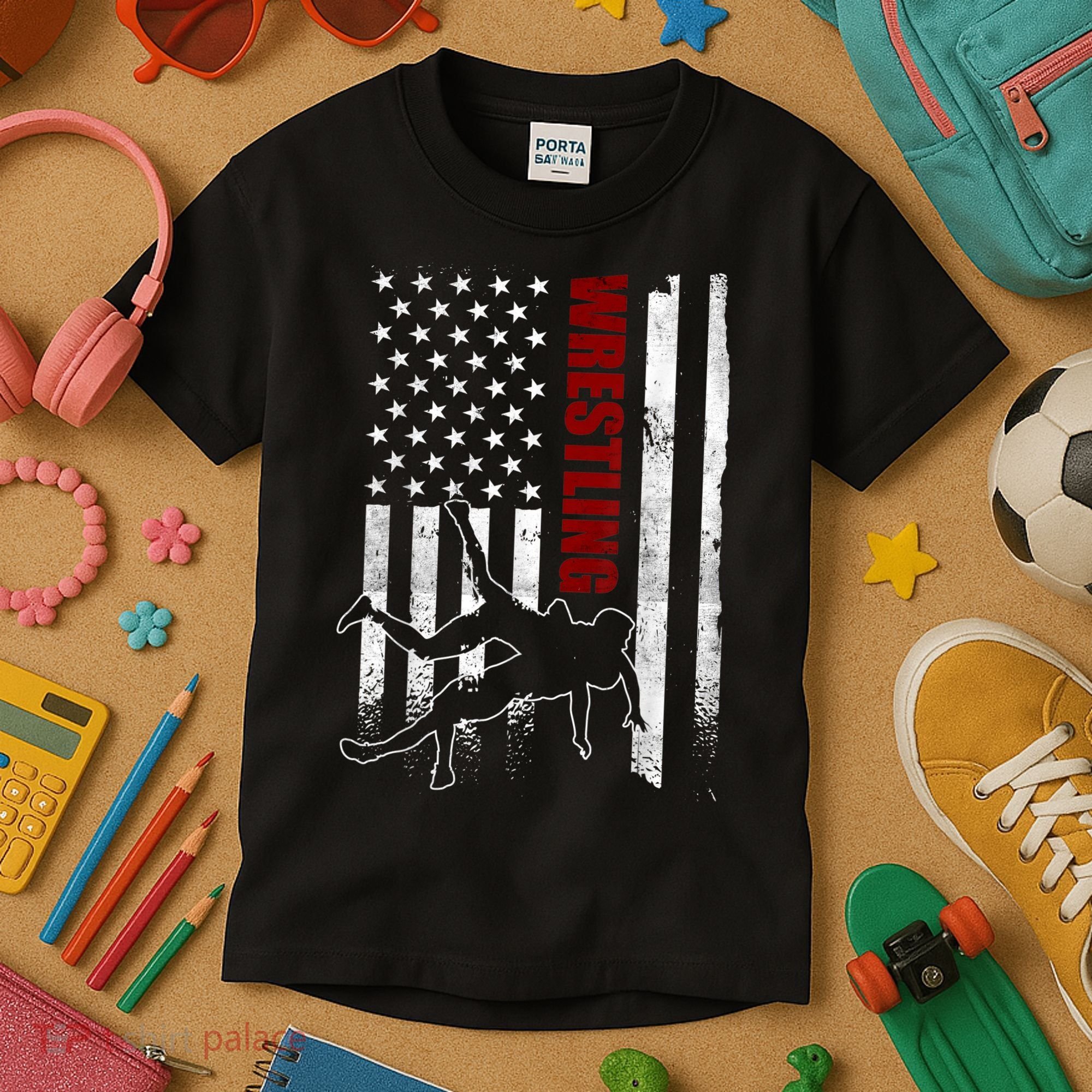 Retro American Wrestling Apparel US Flag Wrestling TShirt Kids T-Shirt