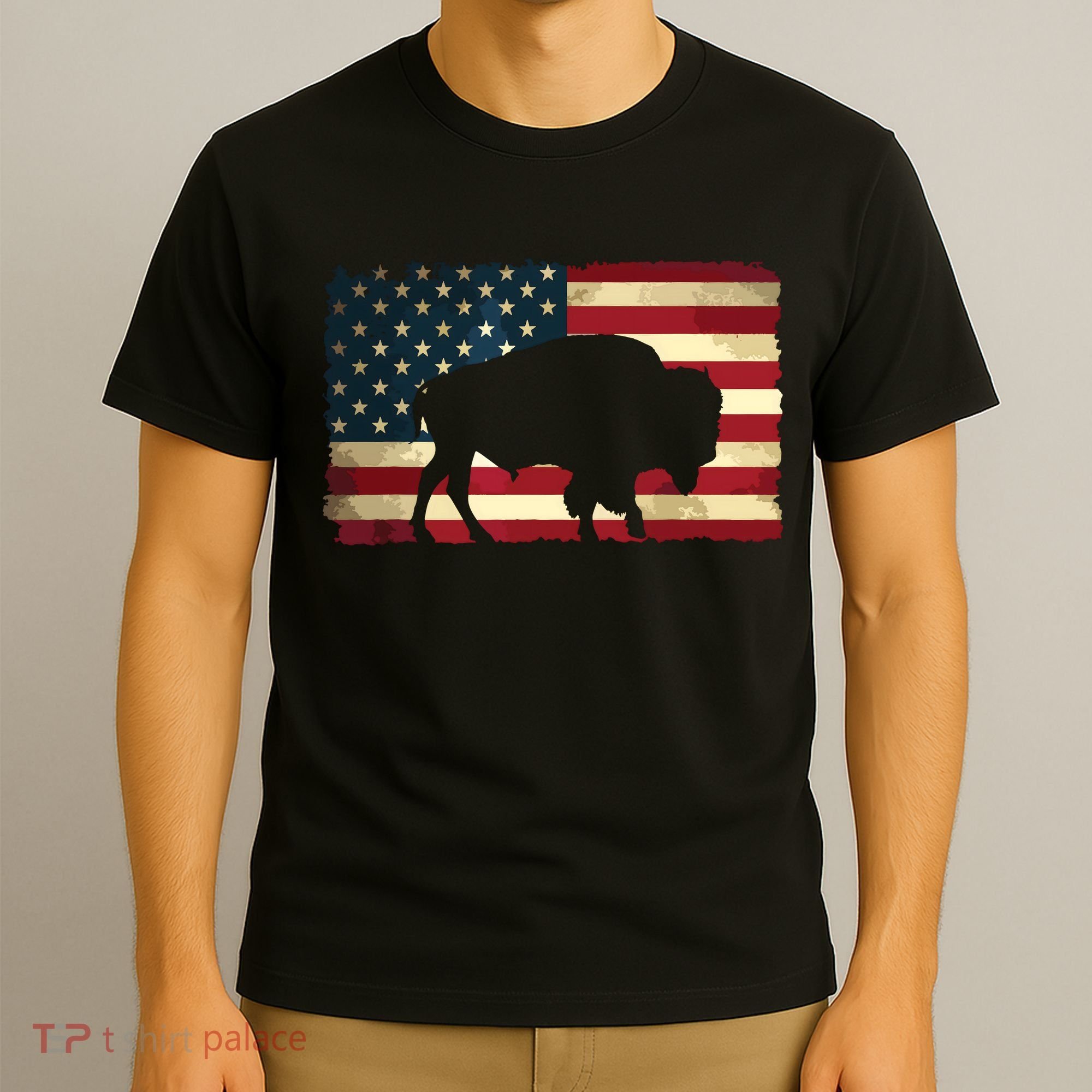 Retro Buffalo American Flag USA Bison T-Shirt