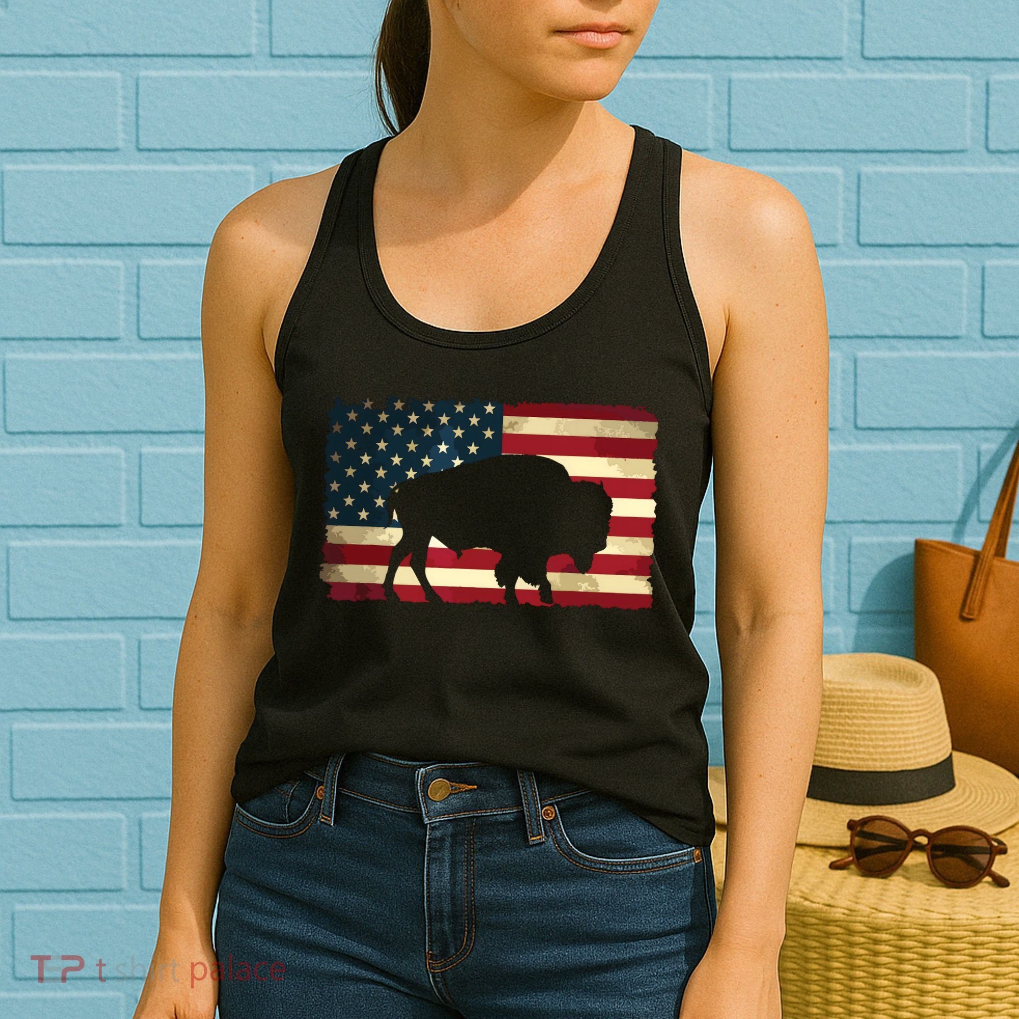 Retro Buffalo American Flag USA Bison Women's Tank Top