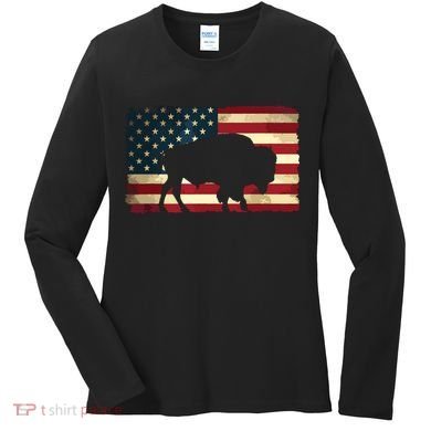 Retro Buffalo American Flag USA Bison Women's Long Sleeve Shirt