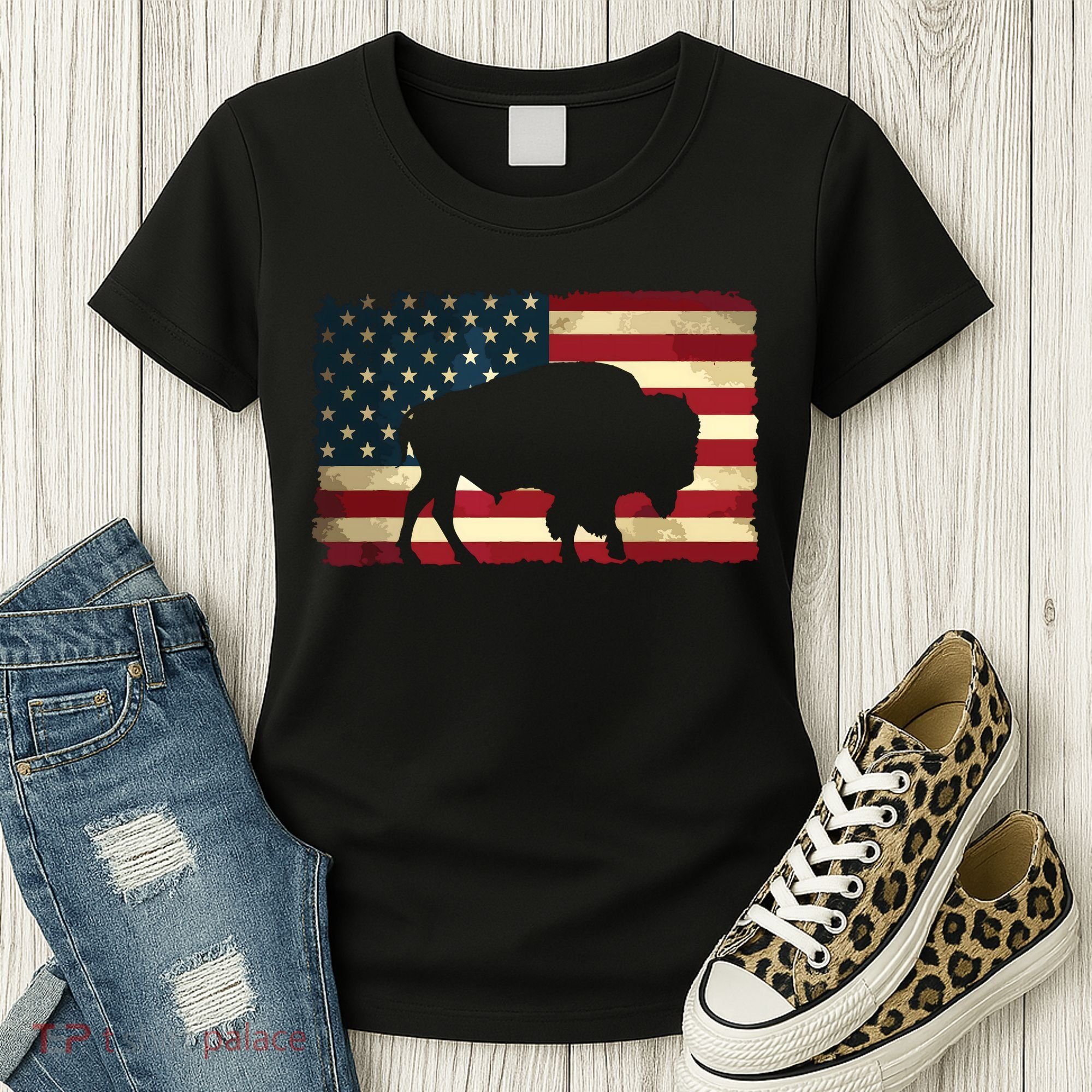 Retro Buffalo American Flag USA Bison Women's T-Shirt