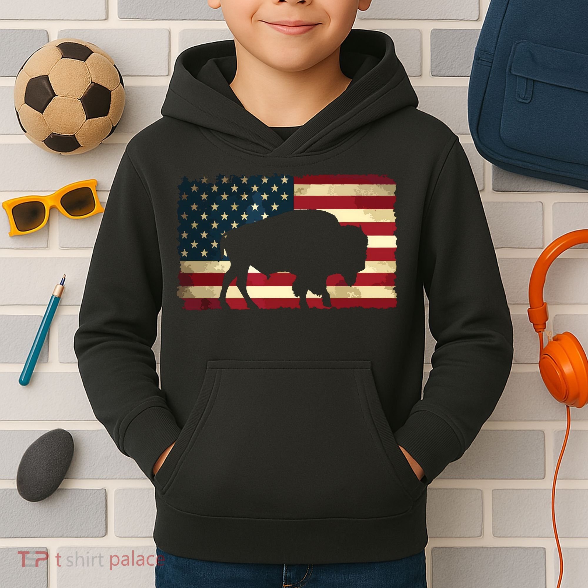 Retro Buffalo American Flag USA Bison Kids Hoodie