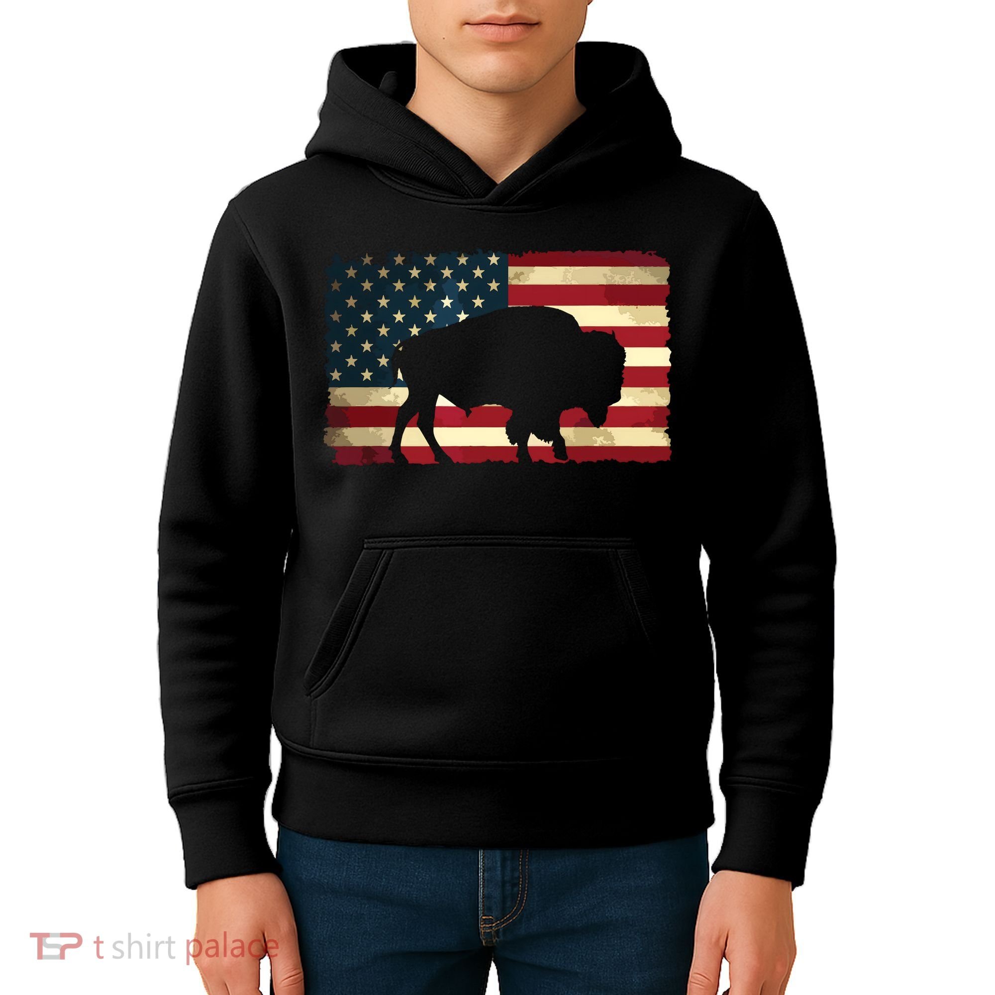 Retro Buffalo American Flag USA Bison Kids Hoodie