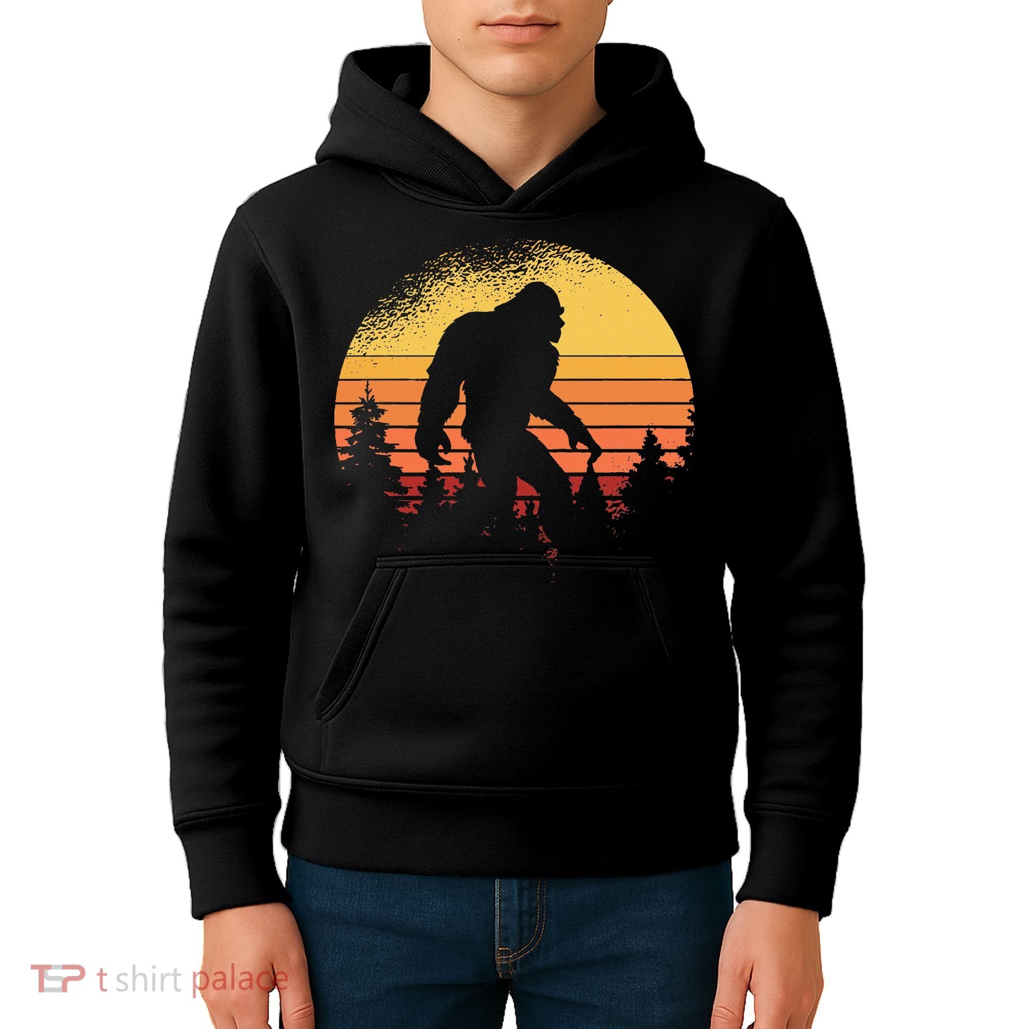 Retro Bigfoot Believer Silhouette Sasquatch Hide And Seek Kids Hoodie