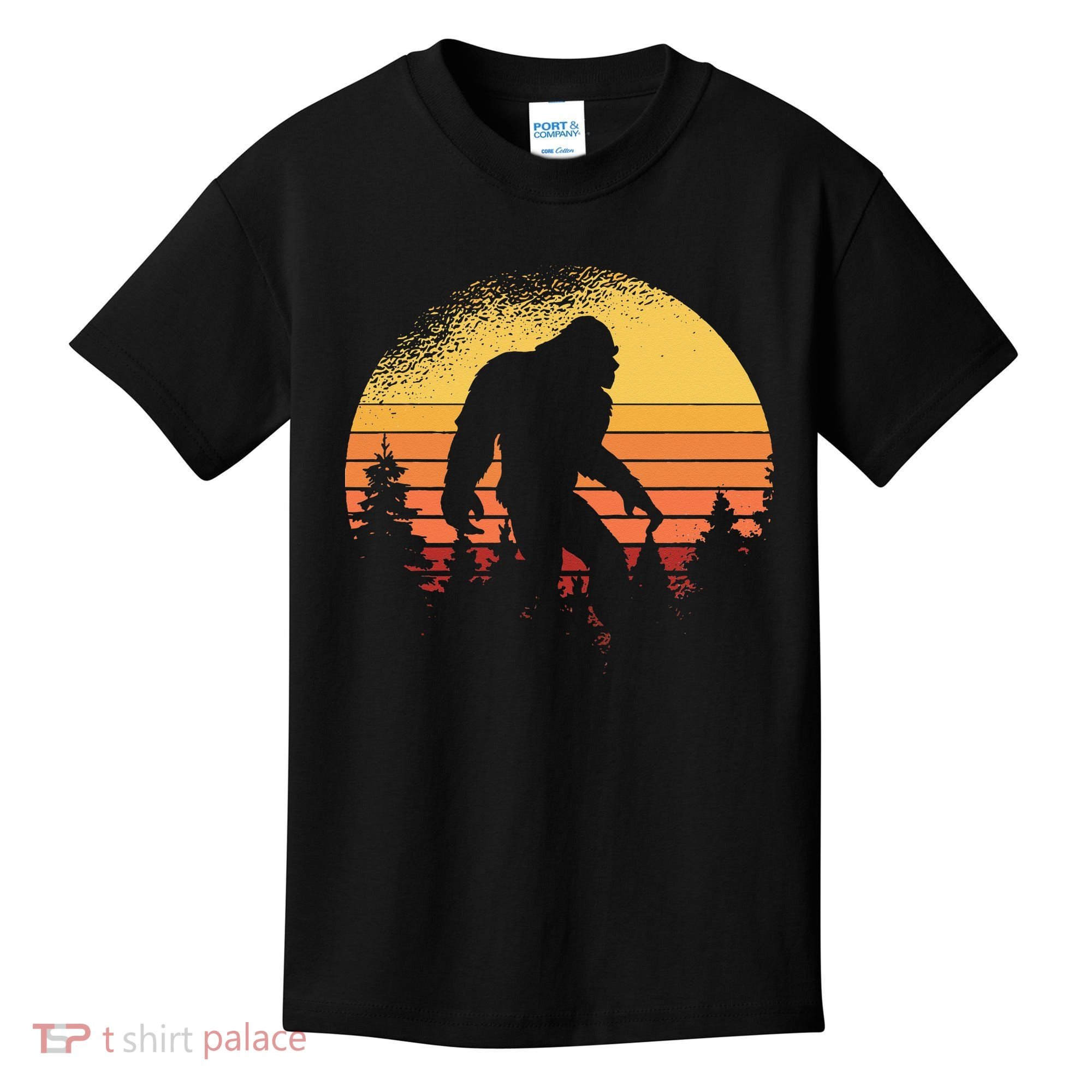 Retro Bigfoot Believer Silhouette Sasquatch Hide And Seek Kids T-Shirt