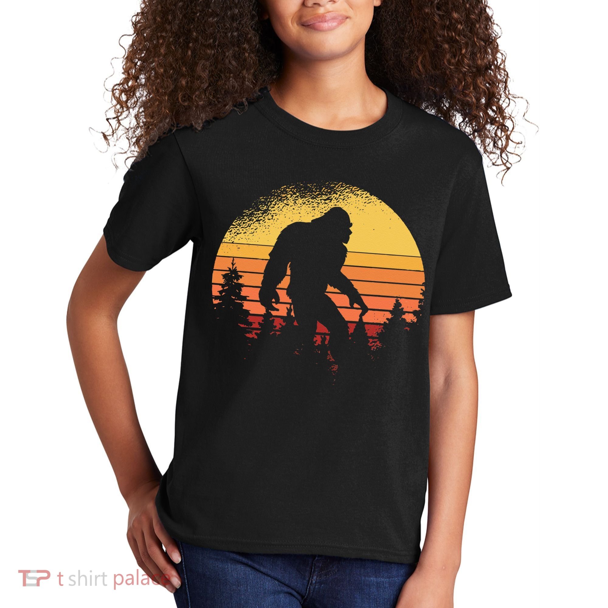 Retro Bigfoot Believer Silhouette Sasquatch Hide And Seek Kids T-Shirt