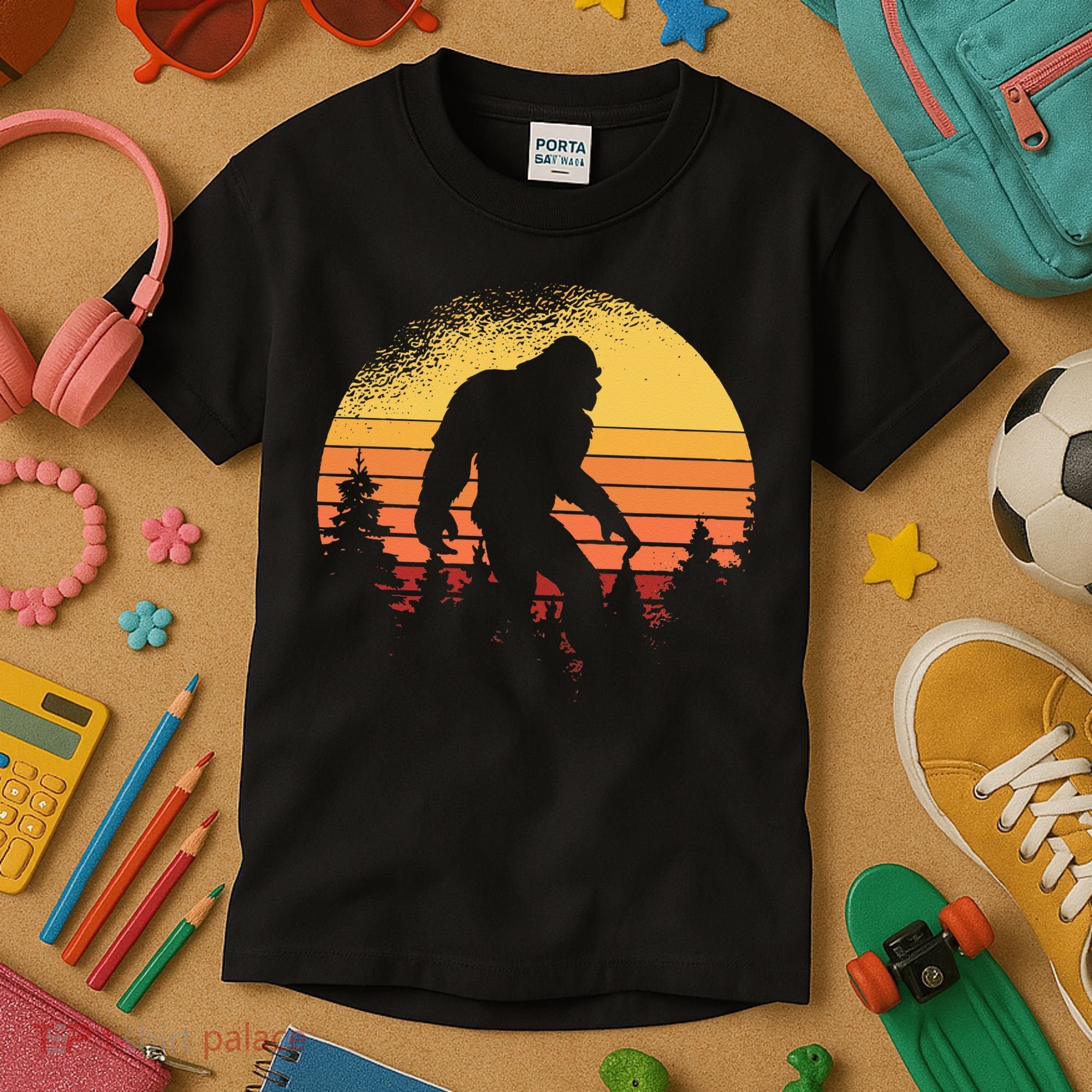 Retro Bigfoot Believer Silhouette Sasquatch Hide And Seek Kids T-Shirt