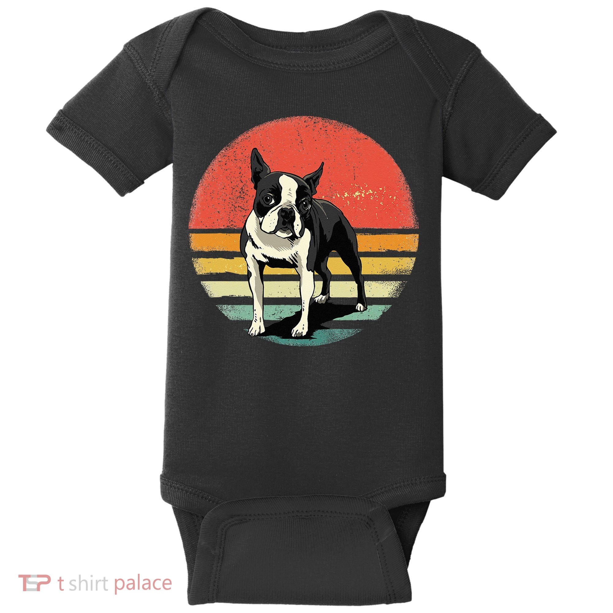 Retro Boston Bull Terrier Dog Puppy Boston Terrier Dad Mom Baby Bodysuit