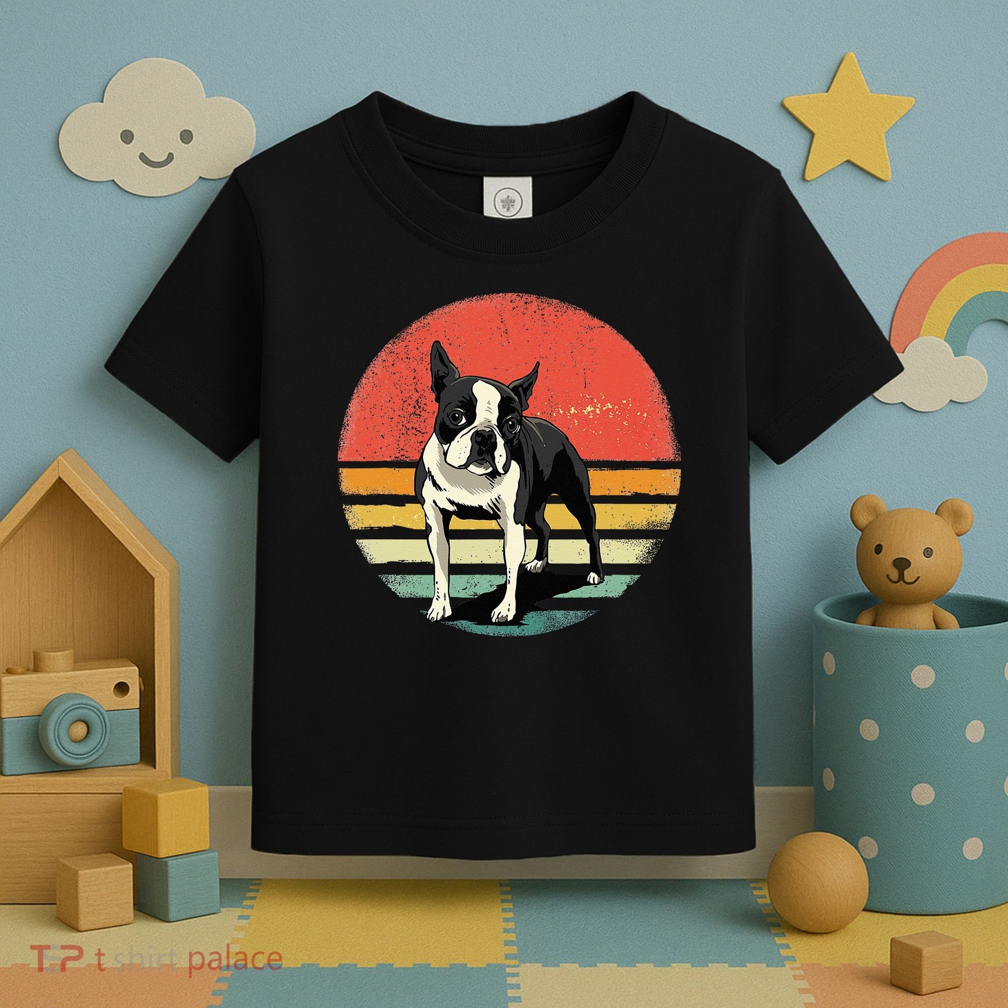 Retro Boston Bull Terrier Dog Puppy Boston Terrier Dad Mom Toddler T-Shirt