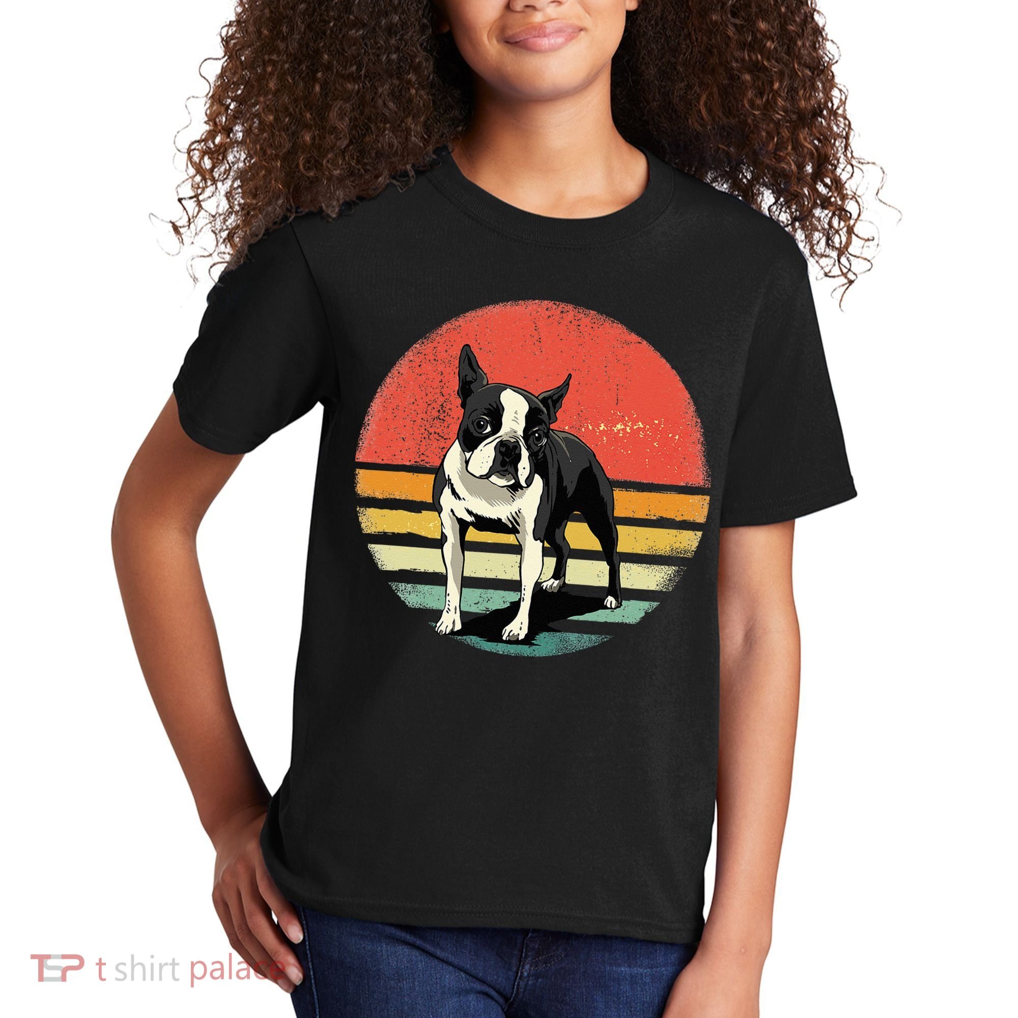Retro Boston Bull Terrier Dog Puppy Boston Terrier Dad Mom Kids T-Shirt