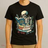 Read Books Be Kind Stay Weird Funny Skeleton Book Lover T-Shirt thumb 3