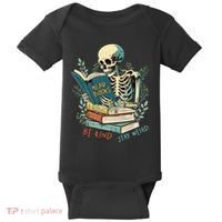 Read Books Be Kind Stay Weird Funny Skeleton Book Lover Baby Bodysuit thumb 0