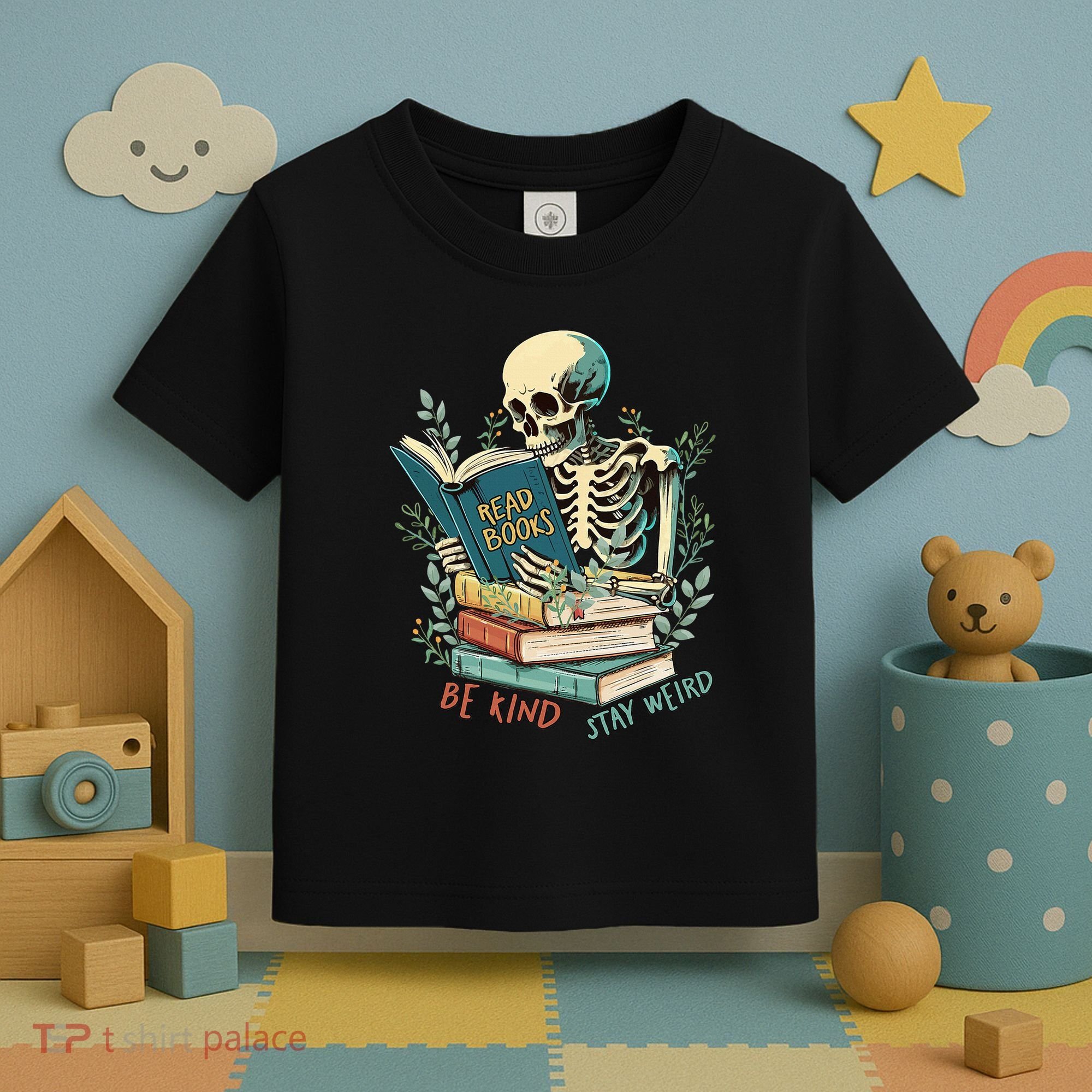 Read Books Be Kind Stay Weird Funny Skeleton Book Lover Toddler T-Shirt
