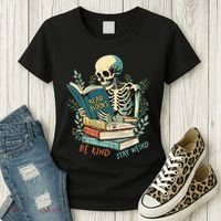 Read Books Be Kind Stay Weird Funny Skeleton Book Lover Women's T-Shirt thumb 3