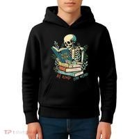Read Books Be Kind Stay Weird Funny Skeleton Book Lover Kids Hoodie thumb 4