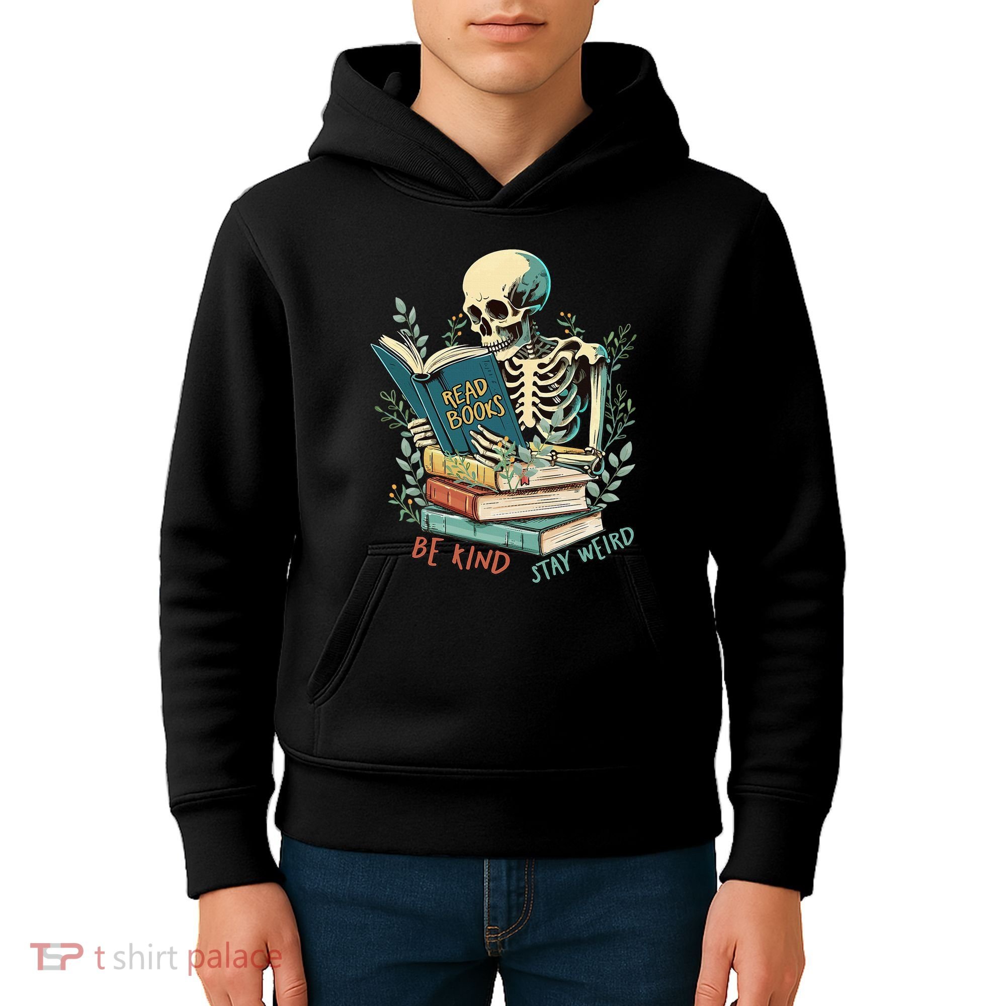 Read Books Be Kind Stay Weird Funny Skeleton Book Lover Kids Hoodie