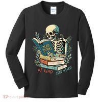 Read Books Be Kind Stay Weird Funny Skeleton Book Lover Kids Long Sleeve Shirt thumb 0