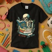 Read Books Be Kind Stay Weird Funny Skeleton Book Lover Kids T-Shirt thumb 3