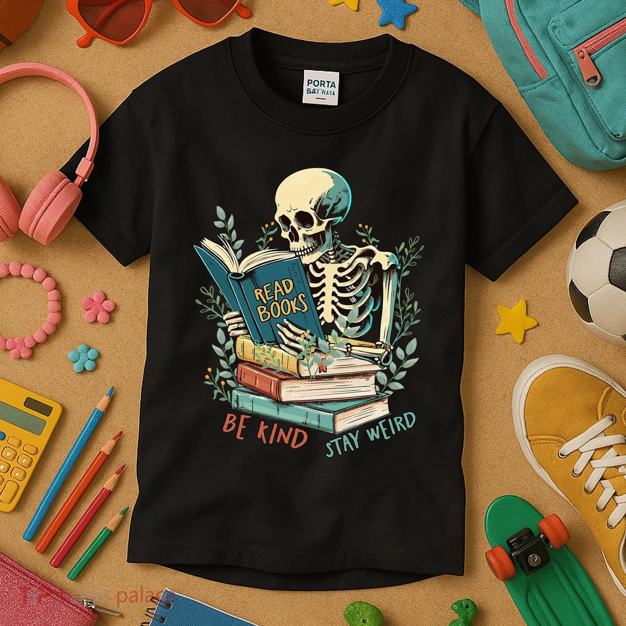 Read Books Be Kind Stay Weird Funny Skeleton Book Lover Kids T-Shirt
