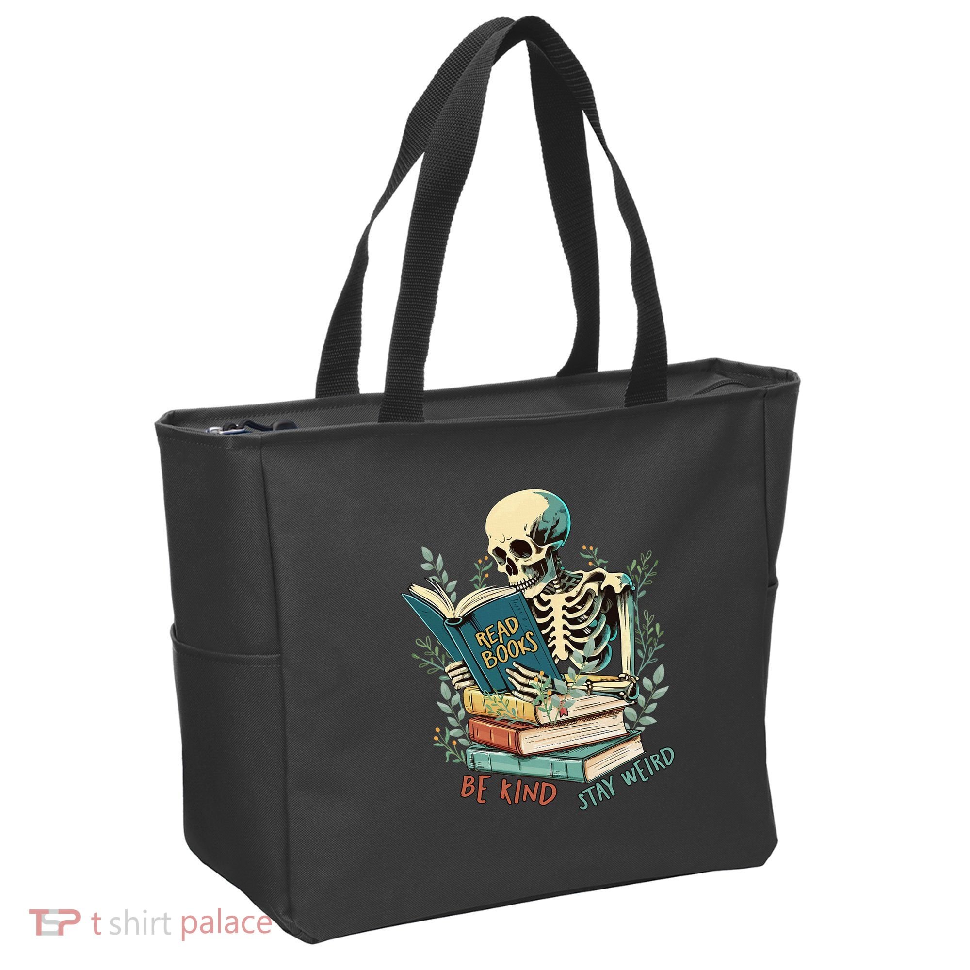 Read Books Be Kind Stay Weird Funny Skeleton Book Lover Tote Bag