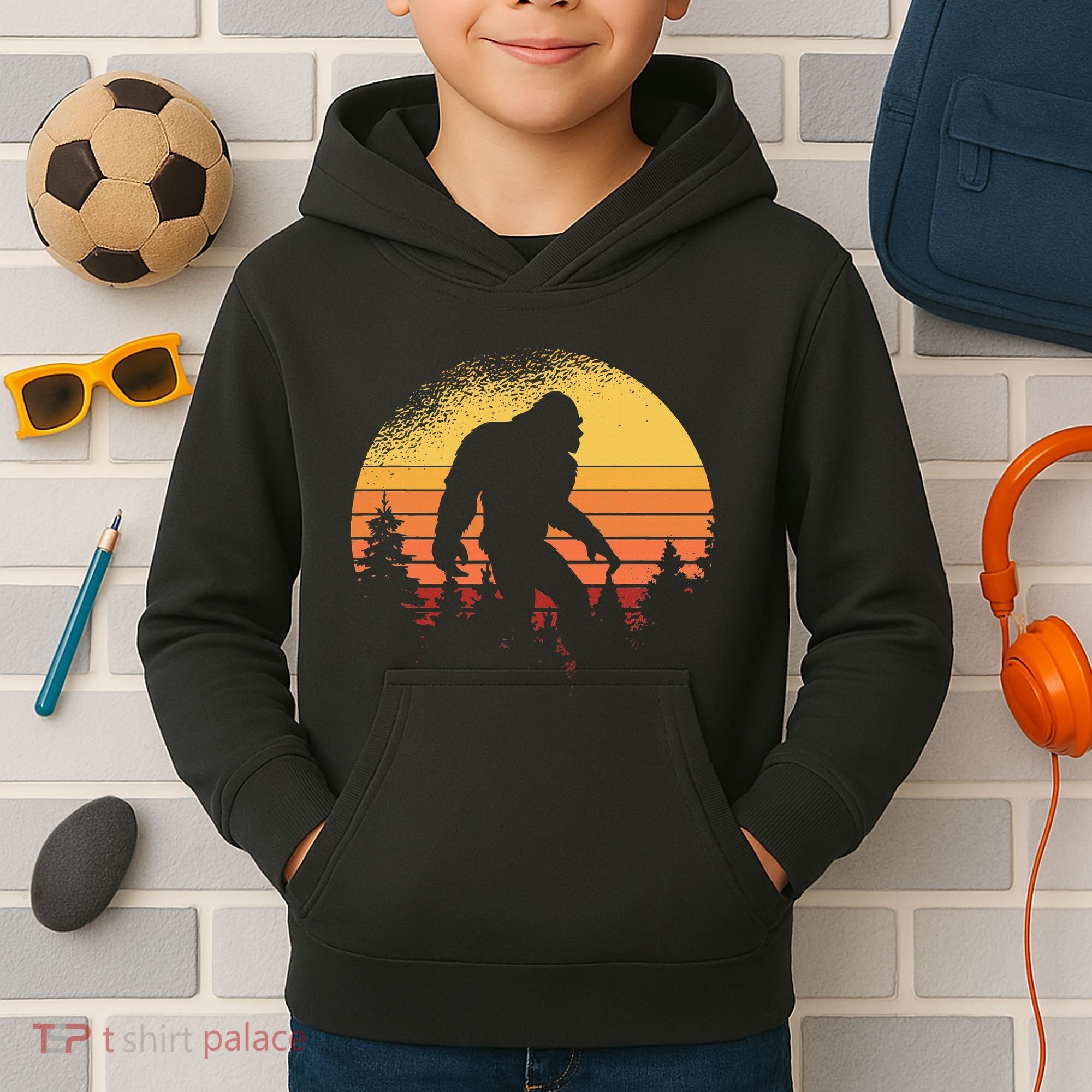 Retro Bigfoot Believer Silhouette Sasquatch Hide And Seek Kids Hoodie