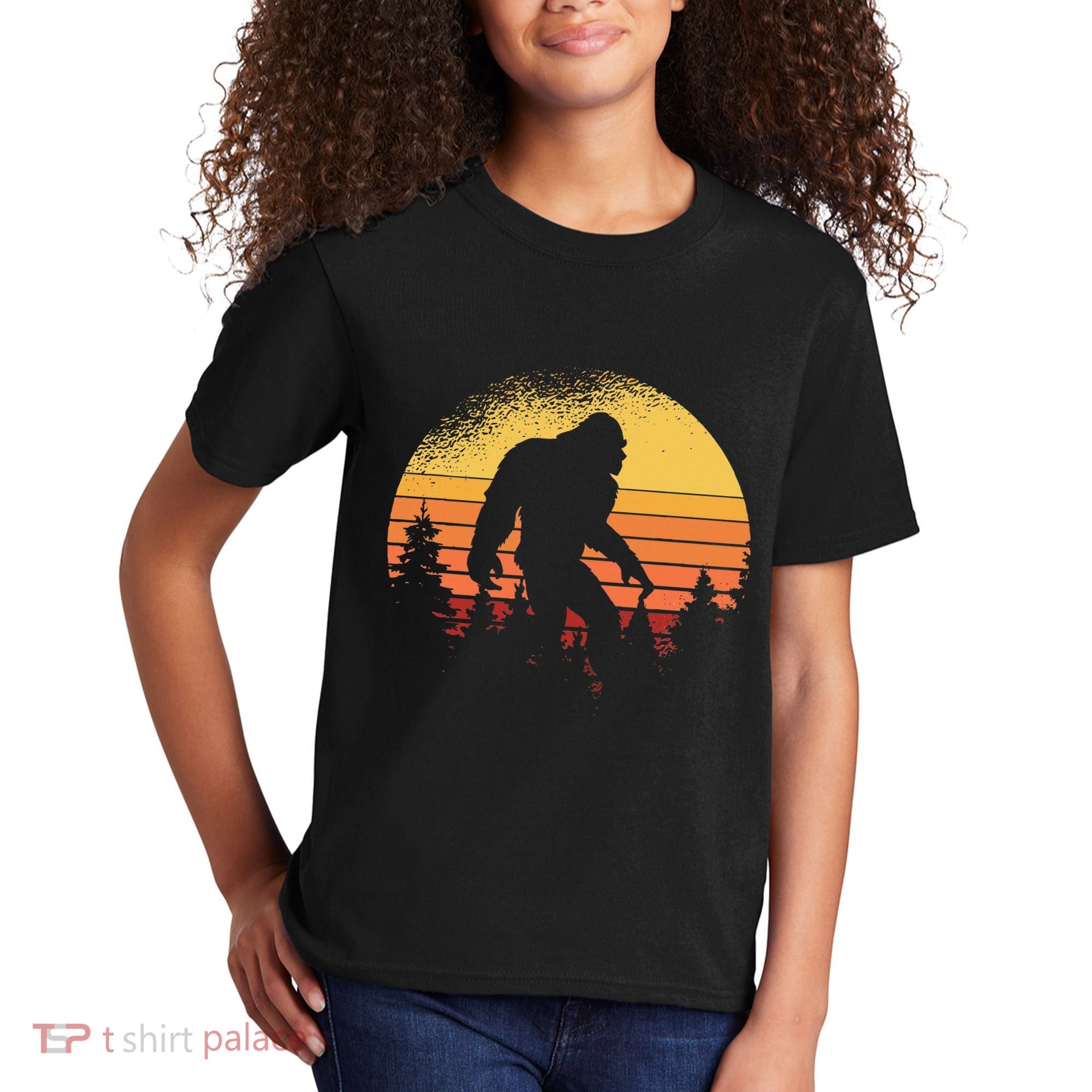 Retro Bigfoot Believer Silhouette Sasquatch Hide And Seek Kids T-Shirt
