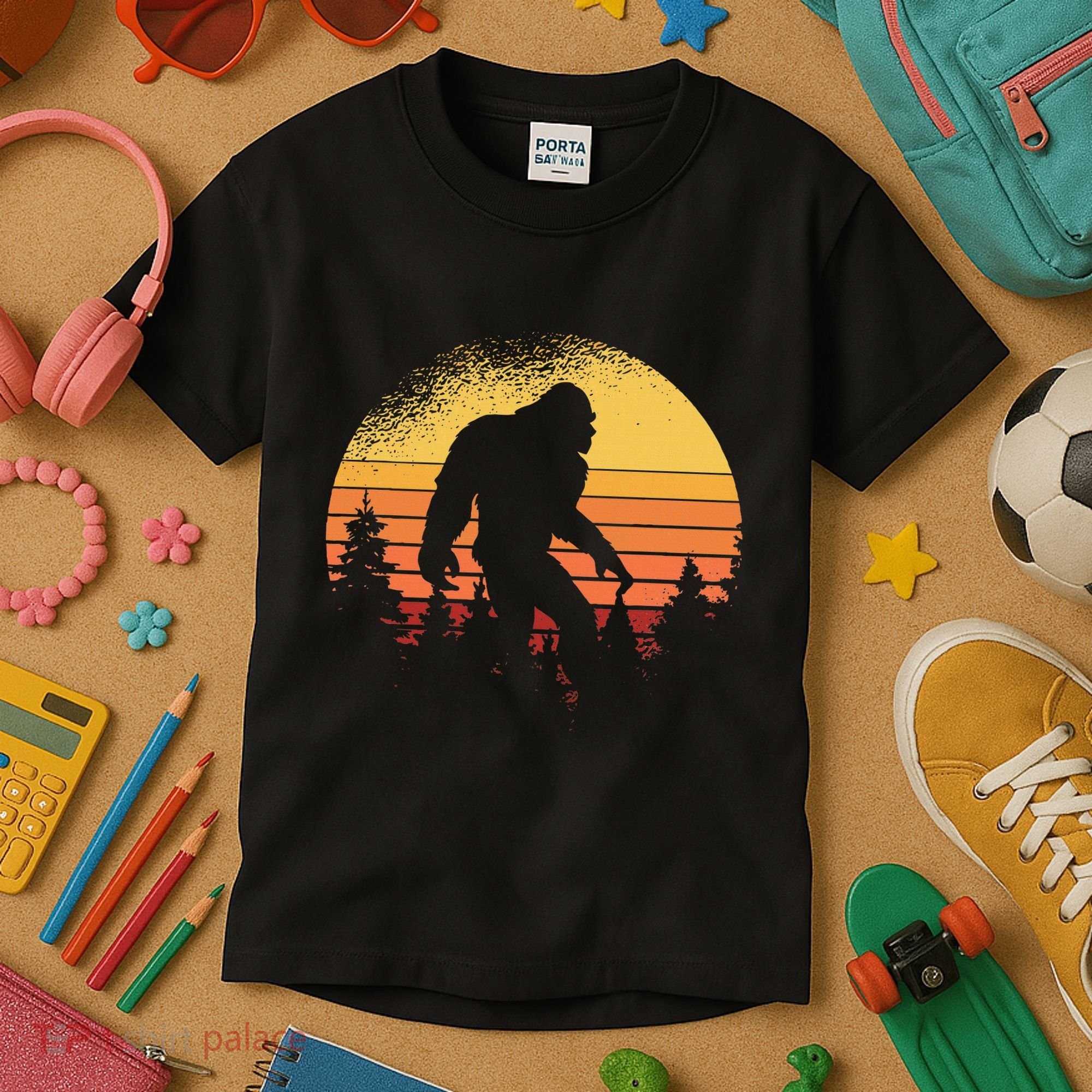 Retro Bigfoot Believer Silhouette Sasquatch Hide And Seek Kids T-Shirt