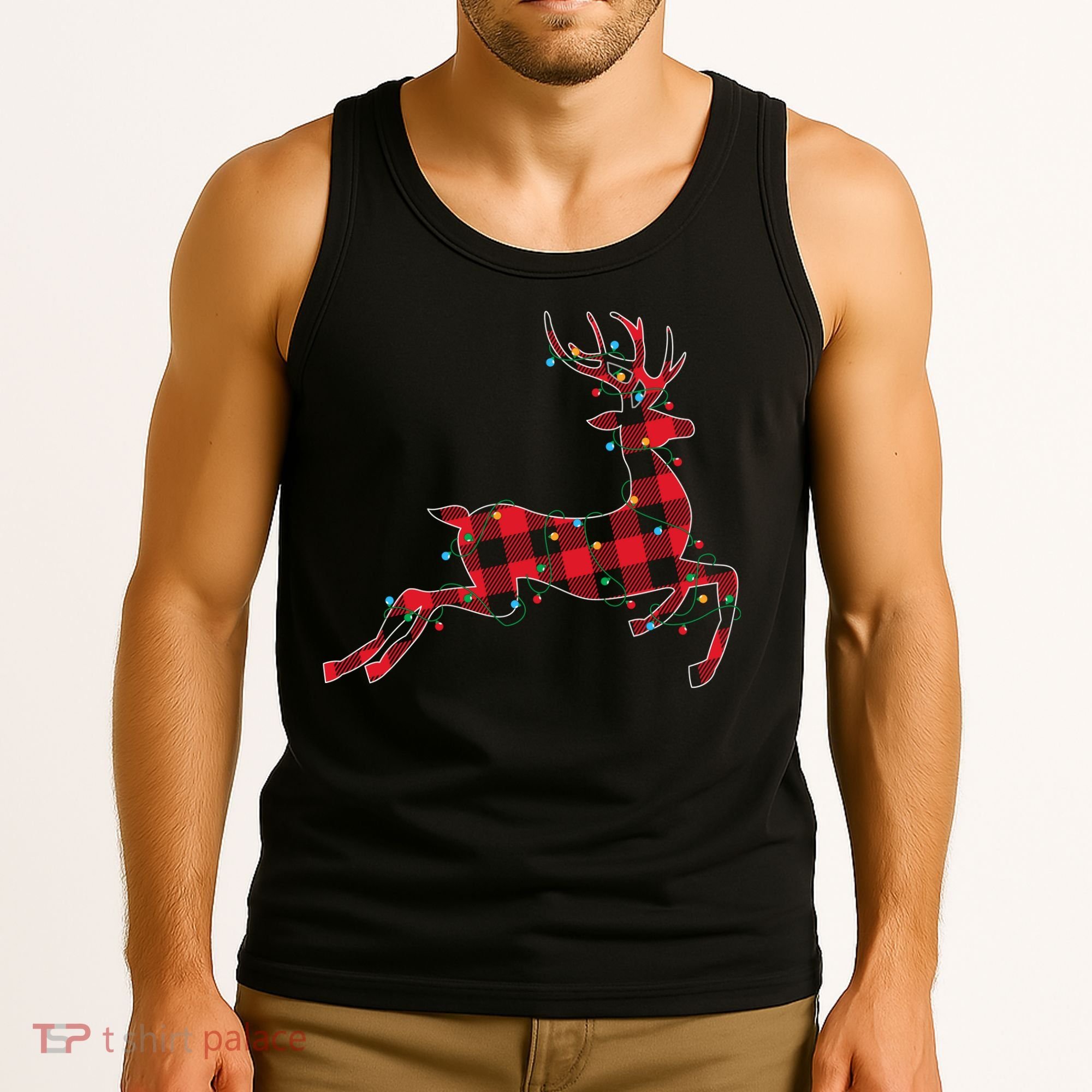 Red & Black Christmas Buffalo Plaid Deer Xmas Holiday Tank Top