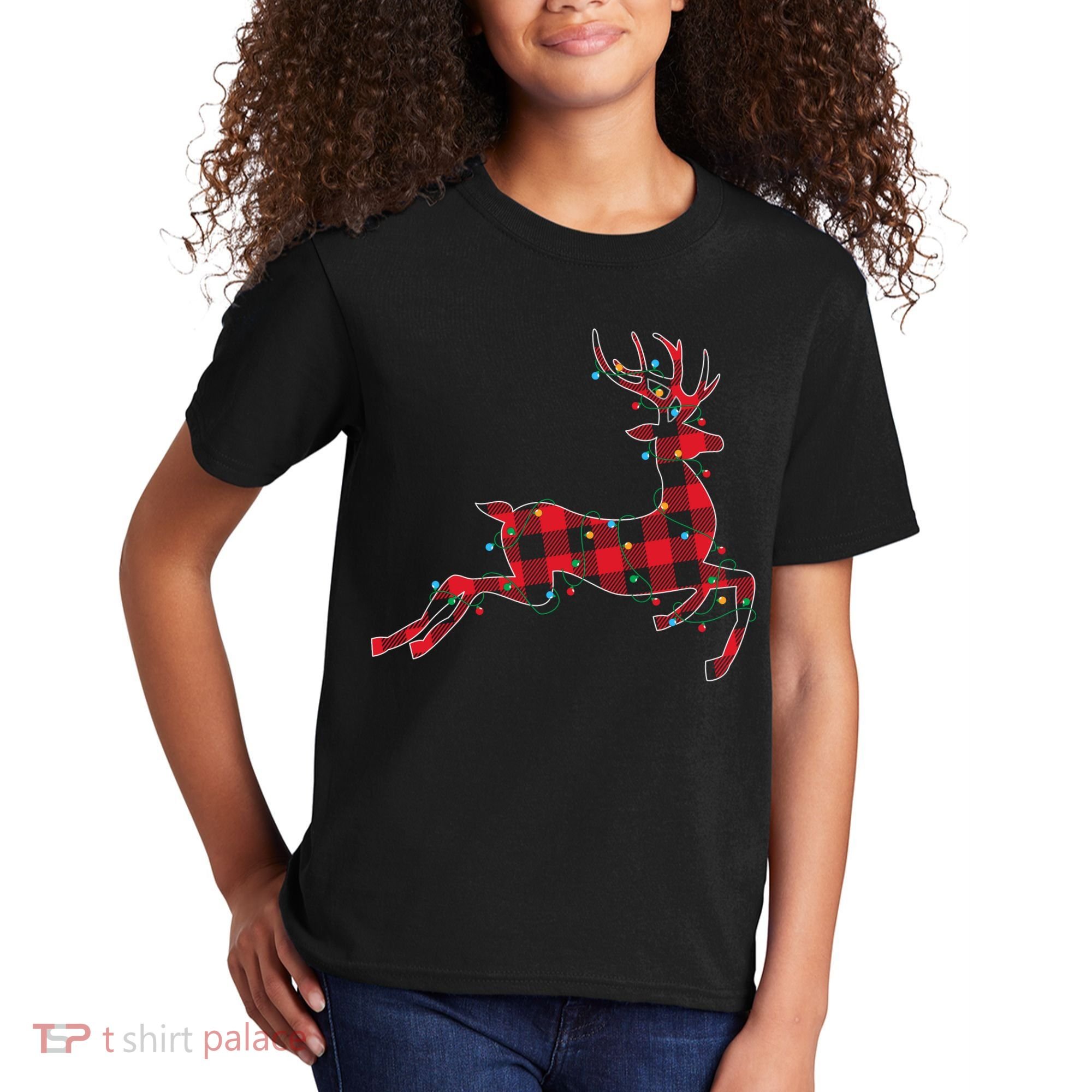 Red & Black Christmas Buffalo Plaid Deer Xmas Holiday Kids T-Shirt