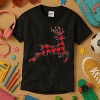 Red & Black Christmas Buffalo Plaid Deer Xmas Holiday Kids T-Shirt thumb 3
