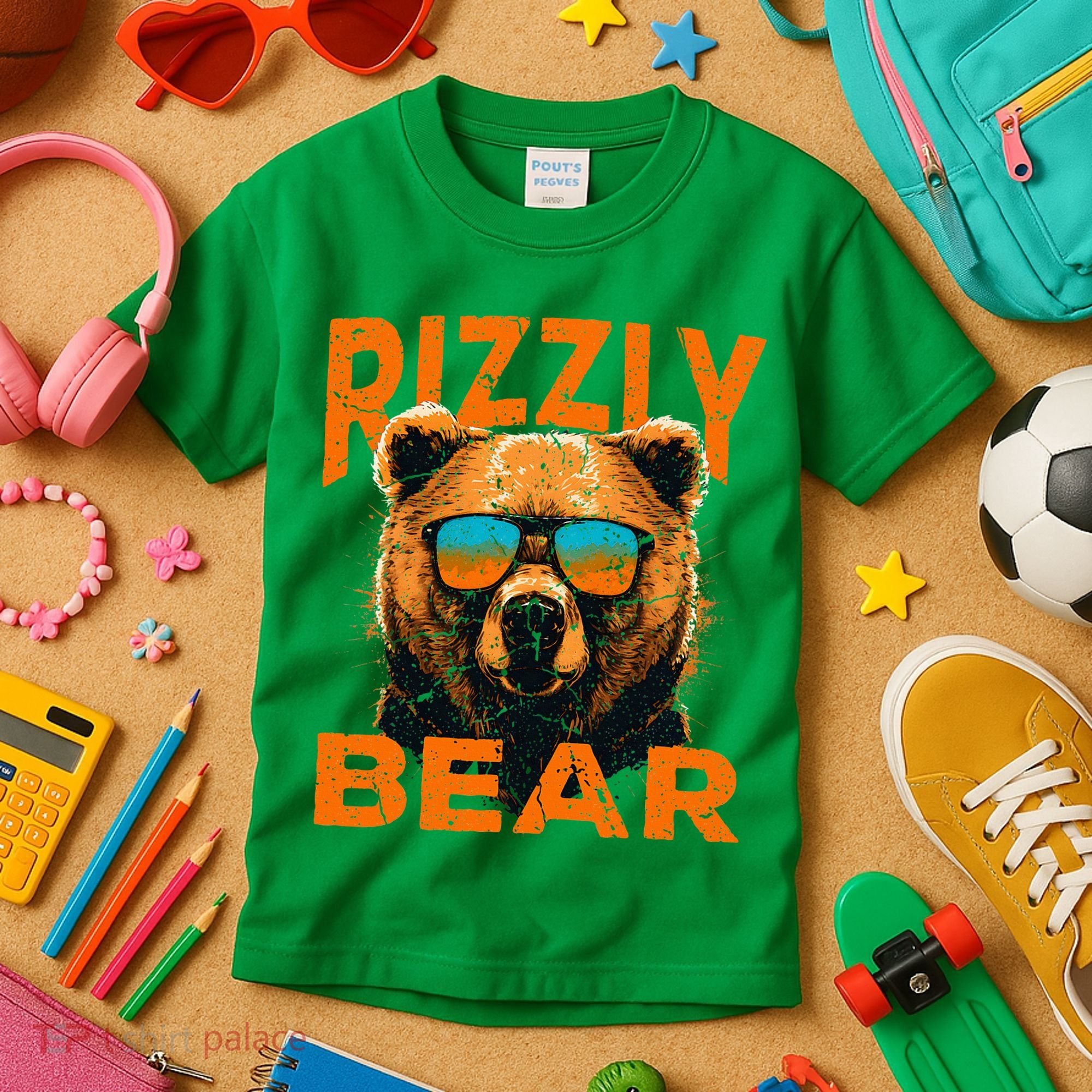 Rizzly Bear Cool Grizzly Bear Wearing Sunglasses Kids T-Shirt