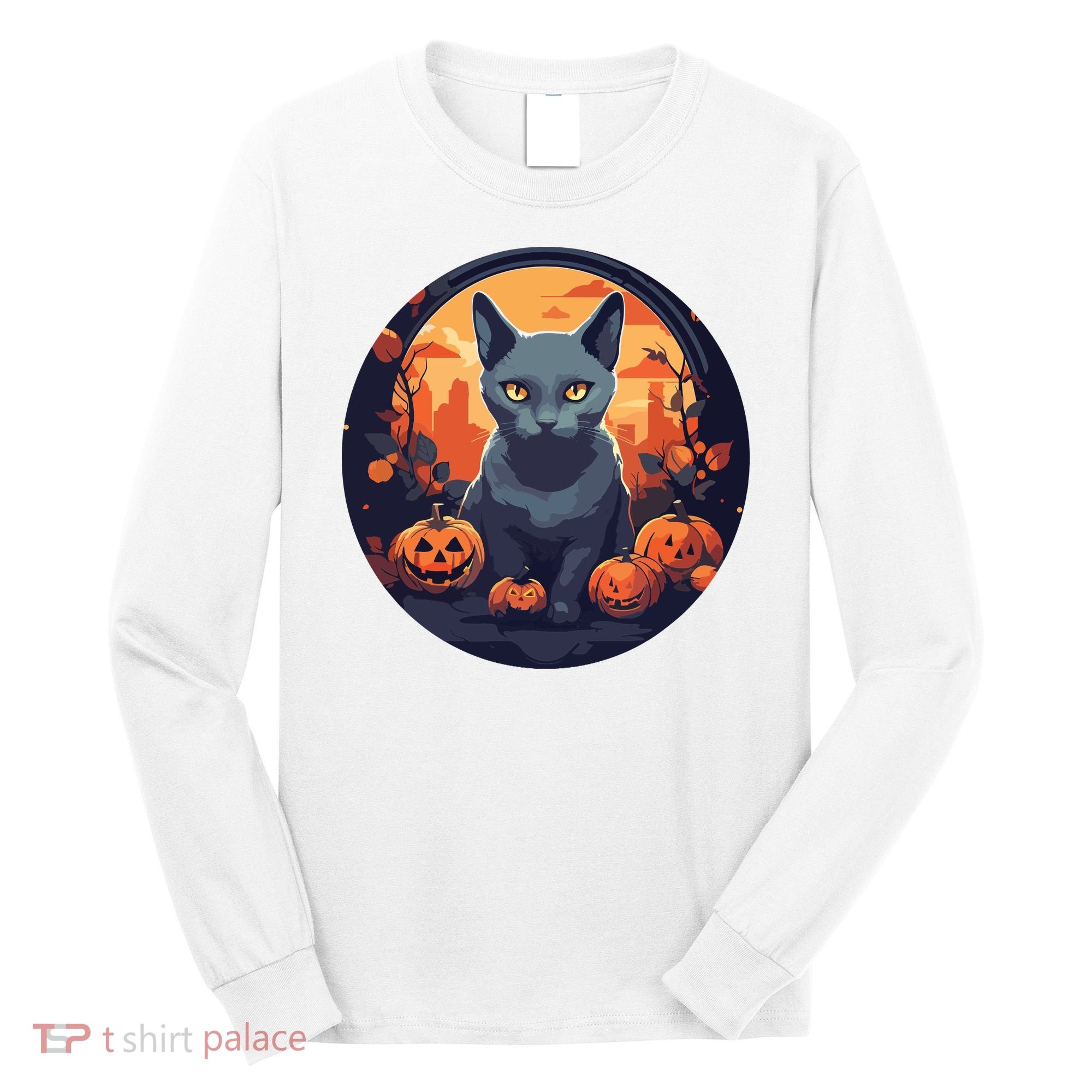Russian Blue Cat Halloween Pumpkin Love Cats Long Sleeve Shirt