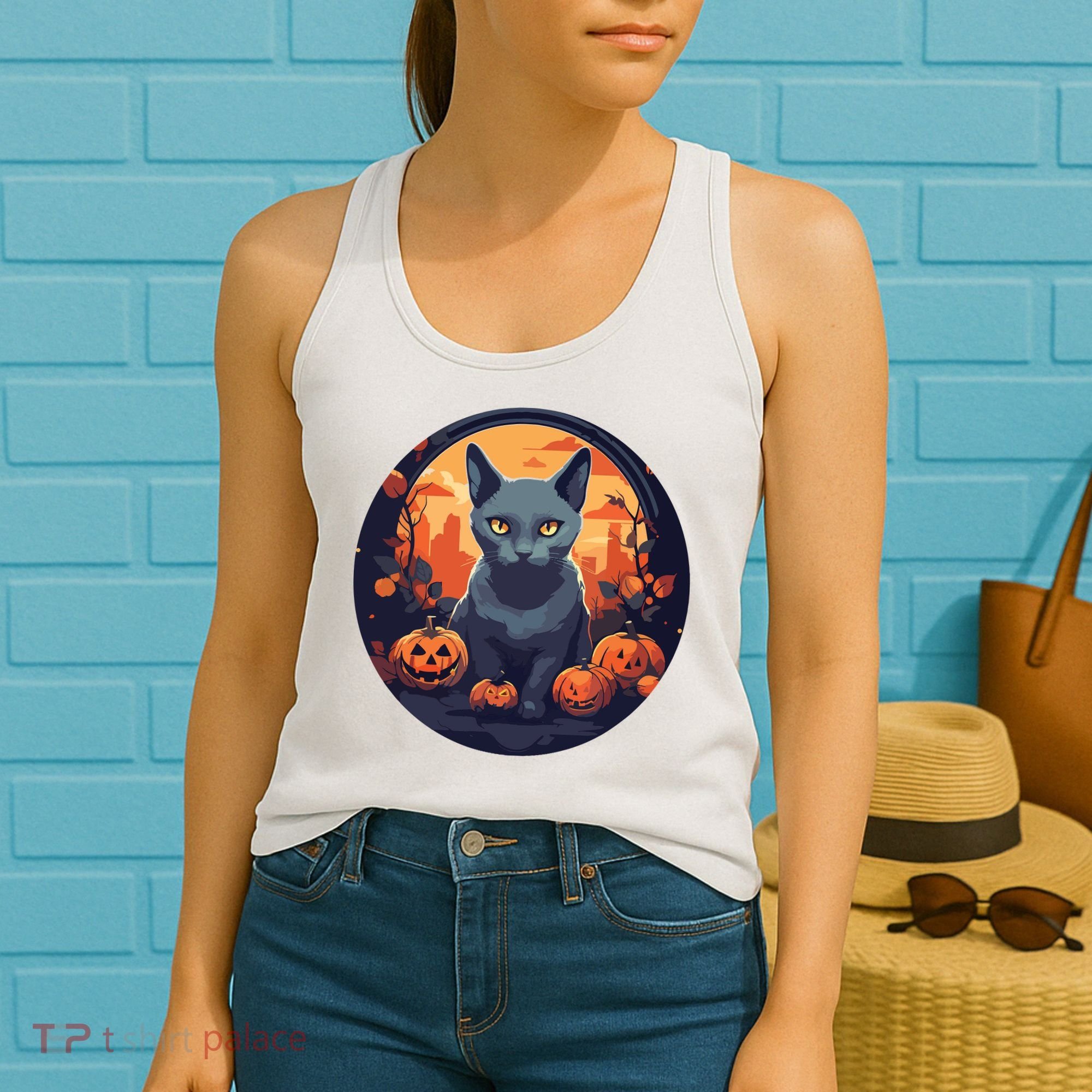 Russian Blue Cat Halloween Pumpkin Love Cats Women's Tank Top