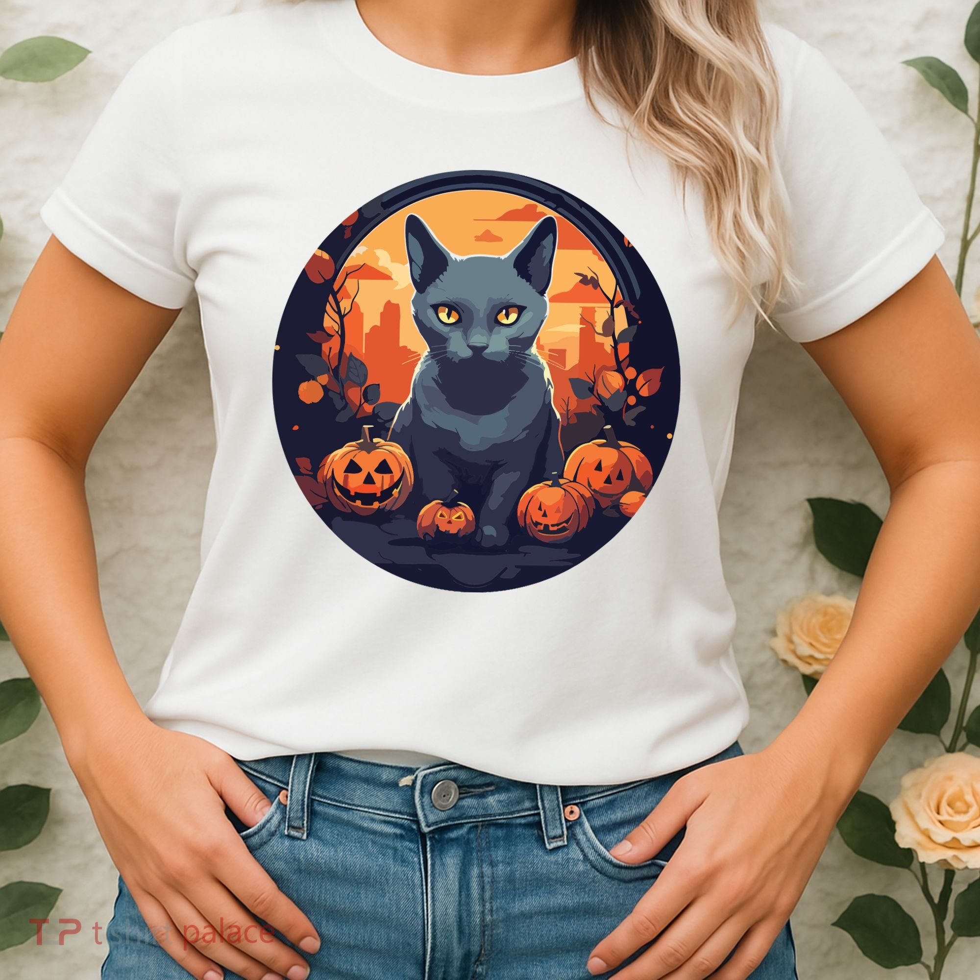 Russian Blue Cat Halloween Pumpkin Love Cats Women's T-Shirt