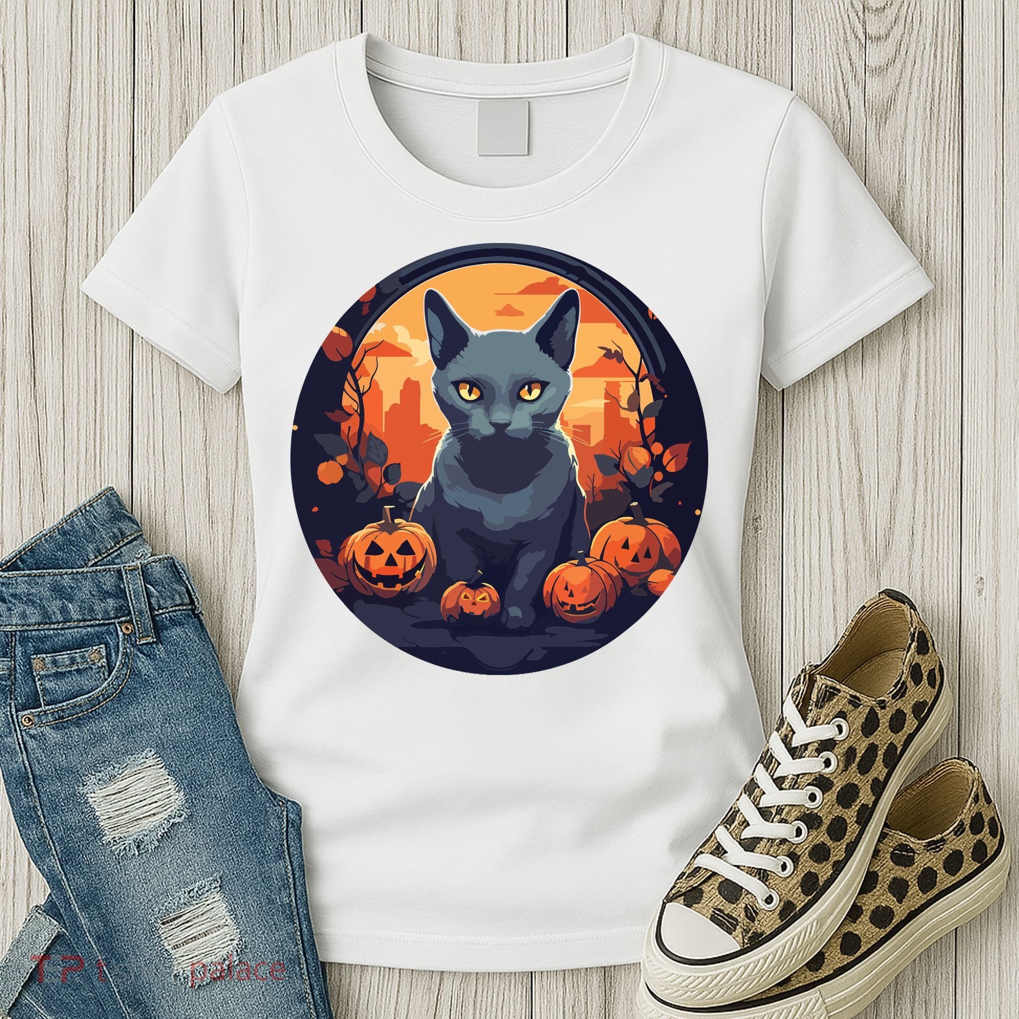 Russian Blue Cat Halloween Pumpkin Love Cats Women's T-Shirt