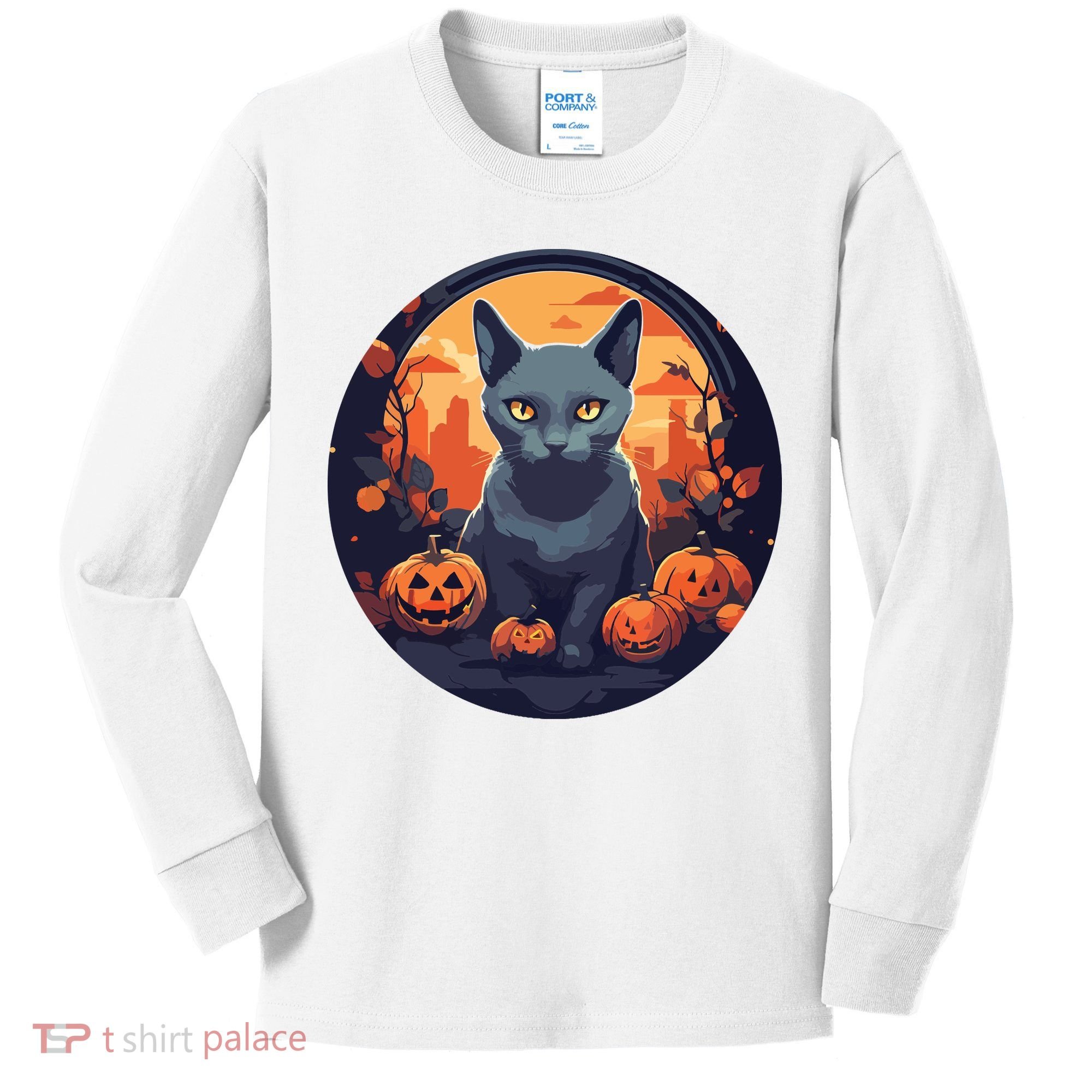 Russian Blue Cat Halloween Pumpkin Love Cats Kids Long Sleeve Shirt