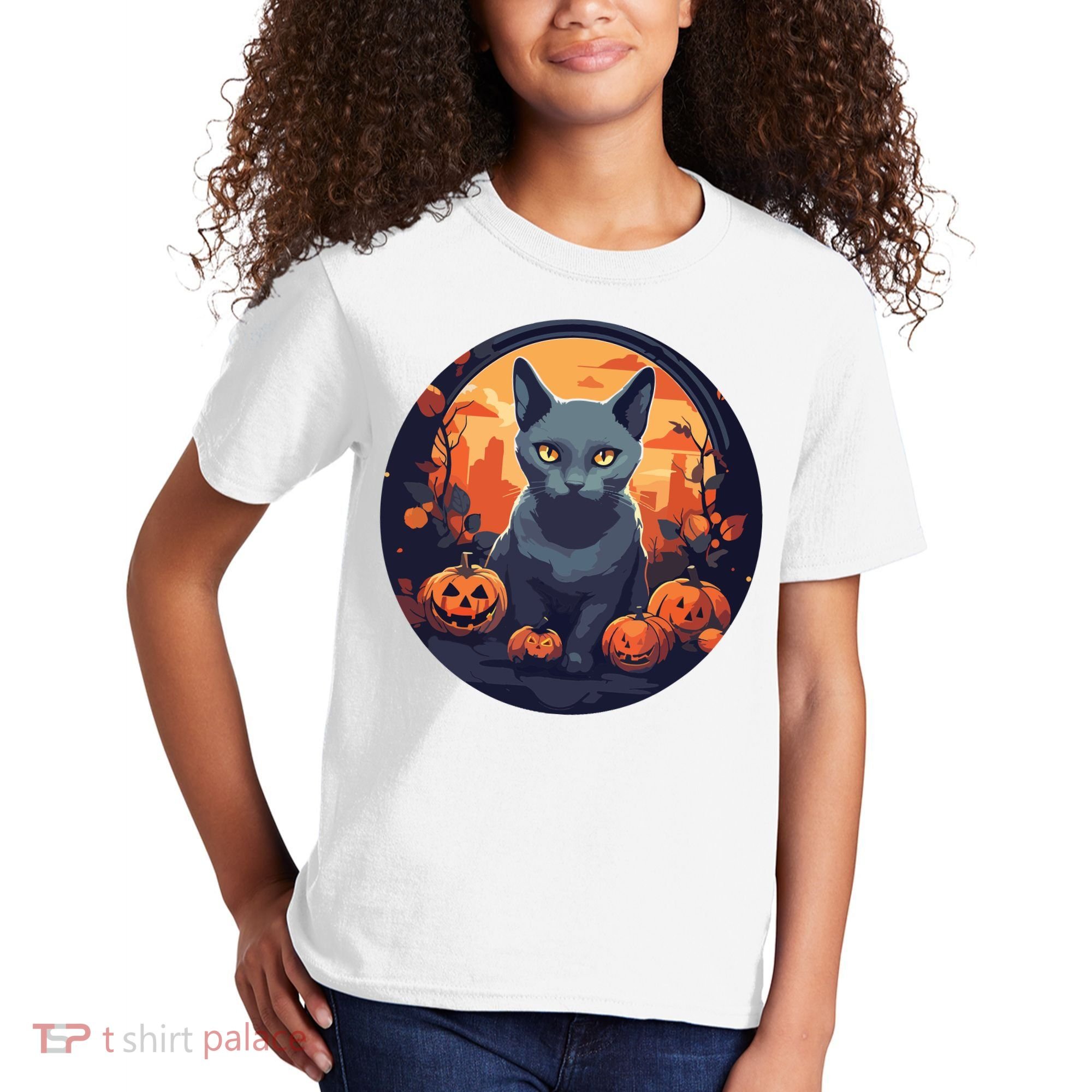 Russian Blue Cat Halloween Pumpkin Love Cats Kids T-Shirt